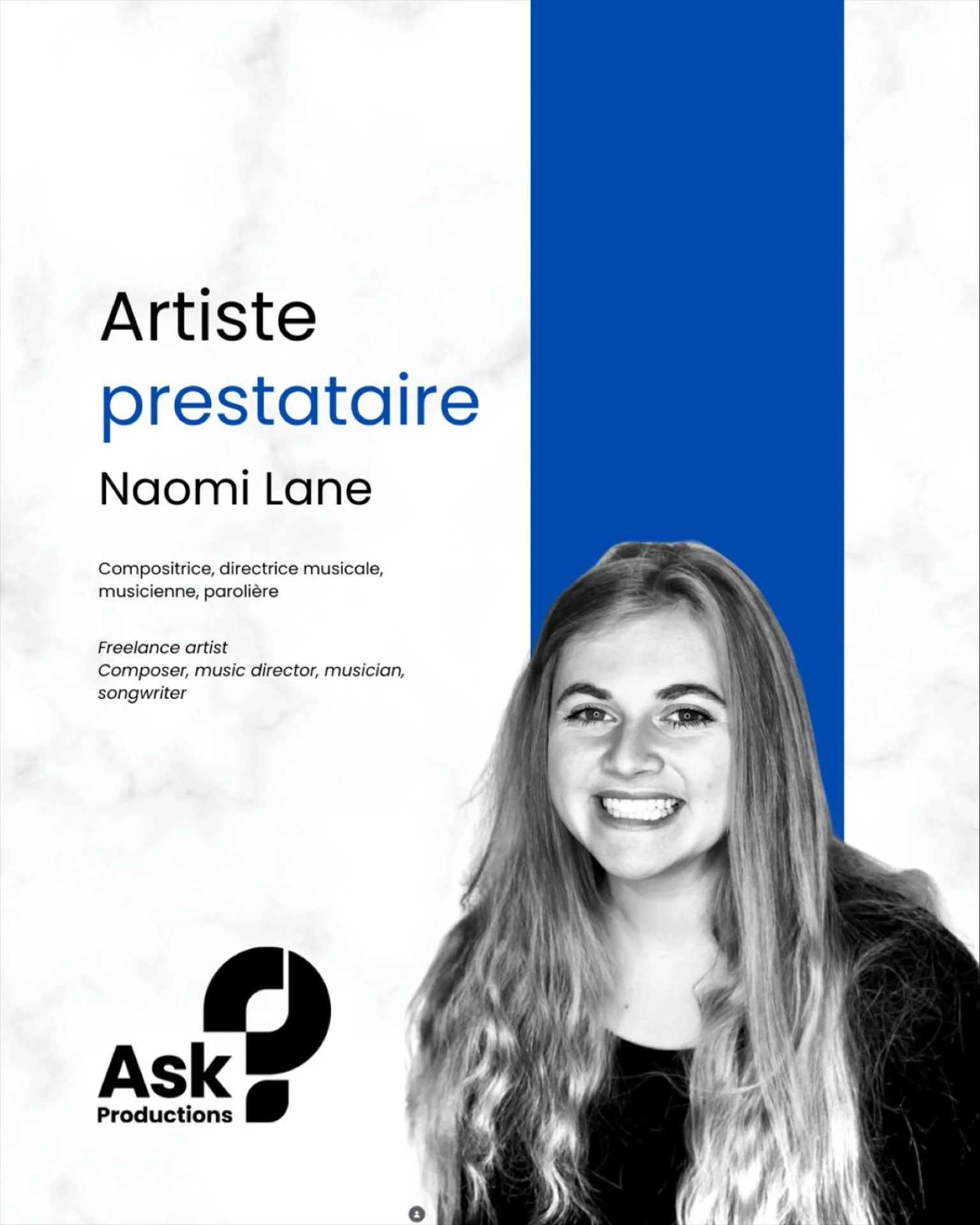 Ask Productions - l&rsquo;innovation th&eacute;&acirc;trale qui unit, inspire et transforme / theatrical innovation that unites, inspires and transforms 
Notre &eacute;quipe -  artiste prestataire / Meet the team - freelance artist - Naomi Lane @nooi