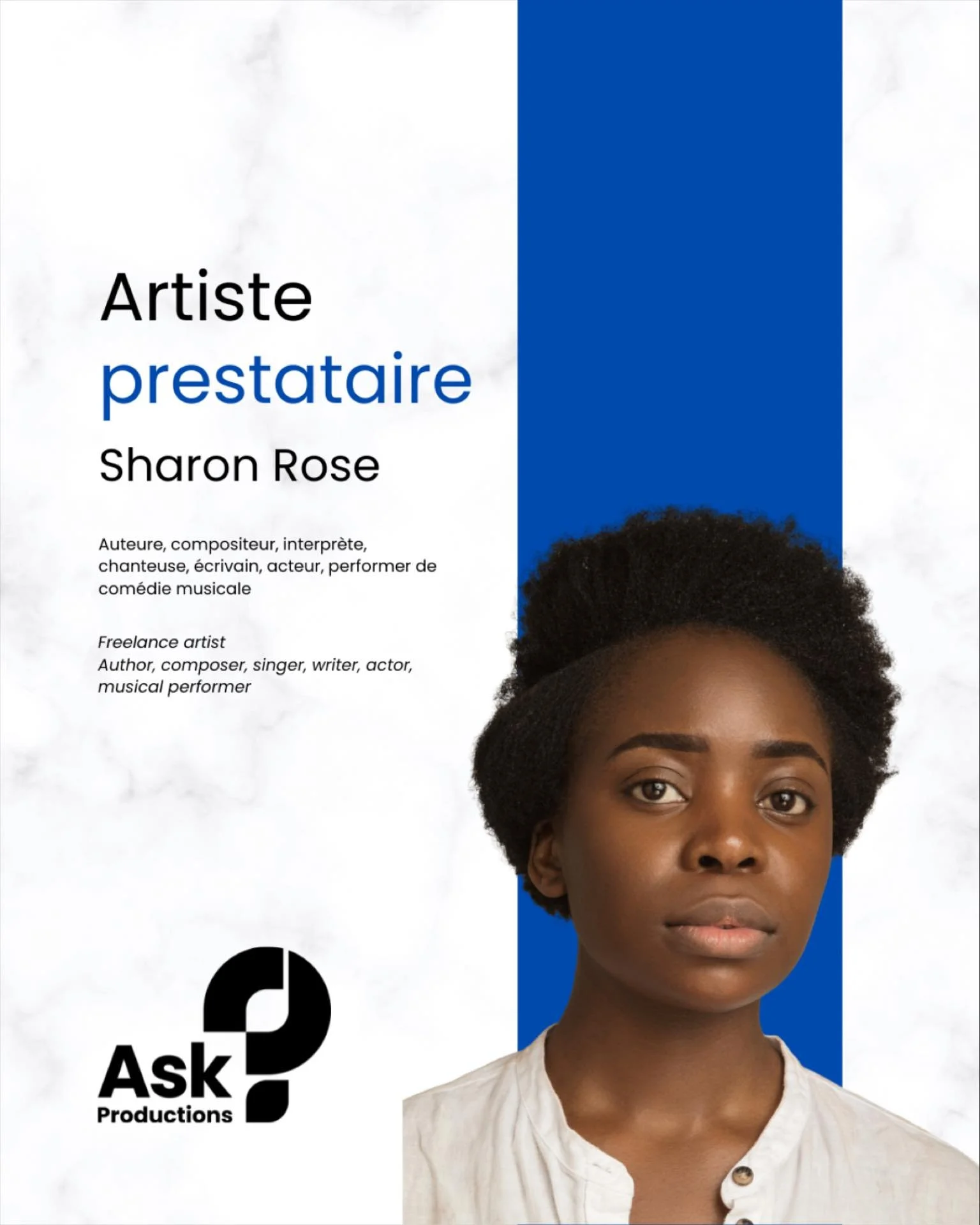 Ask Productions - l&rsquo;innovation th&eacute;&acirc;trale qui unit, inspire et transforme / theatrical innovation that unites, inspires and transforms 
Notre &eacute;quipe -  artiste prestataire / Meet the team - freelance artist / - Sharon Rose  @