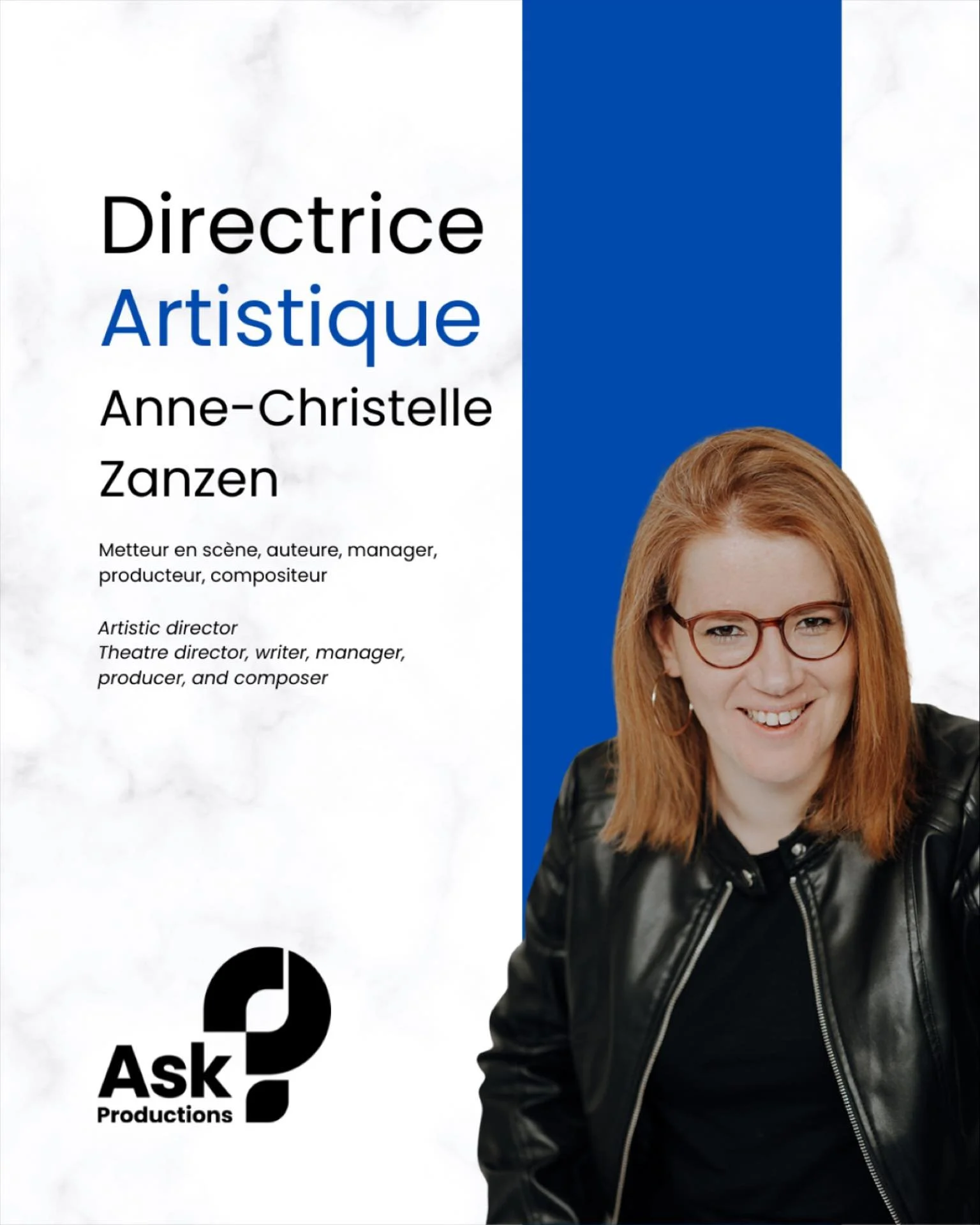 Ask Productions - l&rsquo;innovation th&eacute;&acirc;trale qui unit, inspire et transforme / theatrical innovation that unites, inspires and transforms 
Notre &eacute;quipe -  directrice artistique / Meet the team - artistic director / Anne-Christel