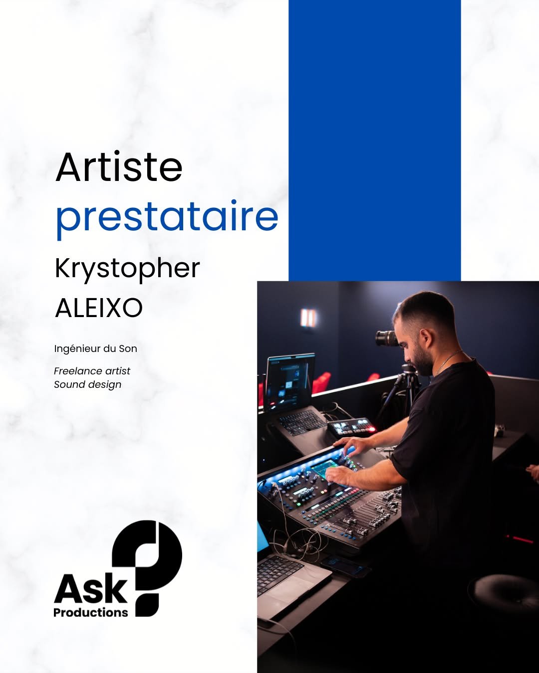 Ask Productions - l&rsquo;innovation th&eacute;&acirc;trale qui unit, inspire et transforme / theatrical innovation that unites, inspires and transforms
Notre &eacute;quipe - artiste prestataire / Meet the team - freelance artist - Krystopher Aleixo 