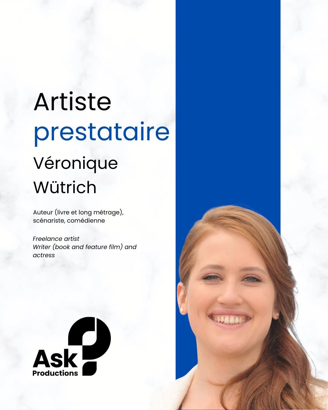 Ask Productions - l&rsquo;innovation th&eacute;&acirc;trale qui unit, inspire et transforme / theatrical innovation that unites, inspires and transforms
Notre &eacute;quipe - artiste prestataire / Meet the team - freelance artist - V&eacute;ronique W