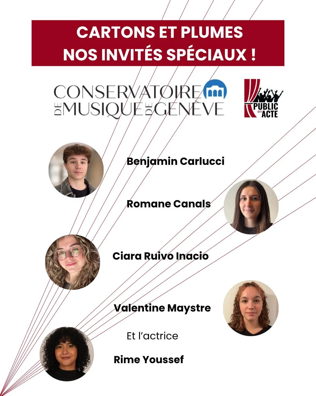 Des &eacute;tudiant&middot;es du Conservatoire de musique de Gen&egrave;ve rejoignent Cartons et Plumes &mdash; aux c&ocirc;t&eacute;s de la troupe Public en Acte Gen&egrave;ve et plus de 45 personnes sur sc&egrave;ne. 
✨ 6 juin 2026 &mdash; Gen&egra