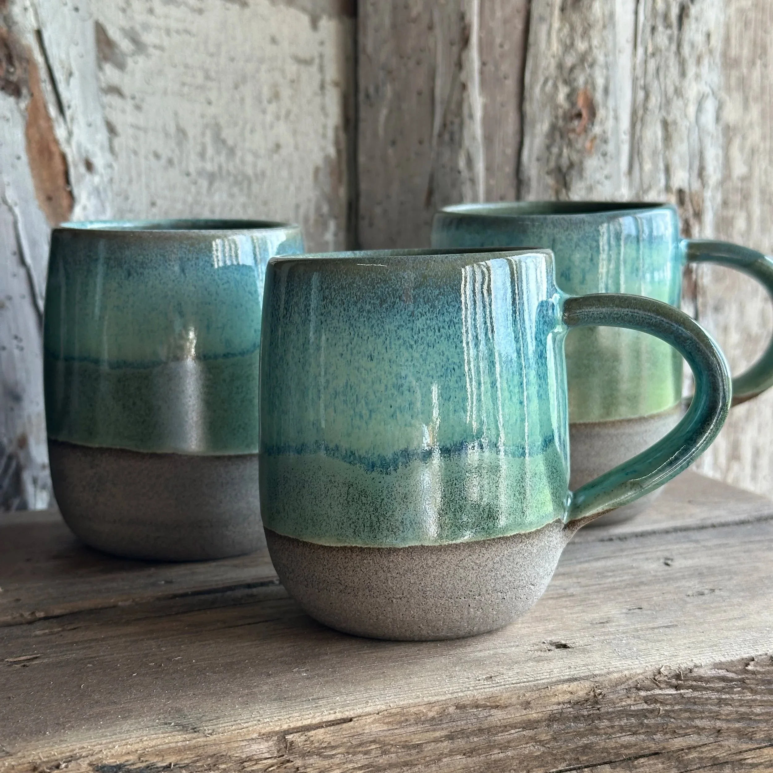 Green ceramic mug grey stoneware flowing layers of glaze  Forest Fern