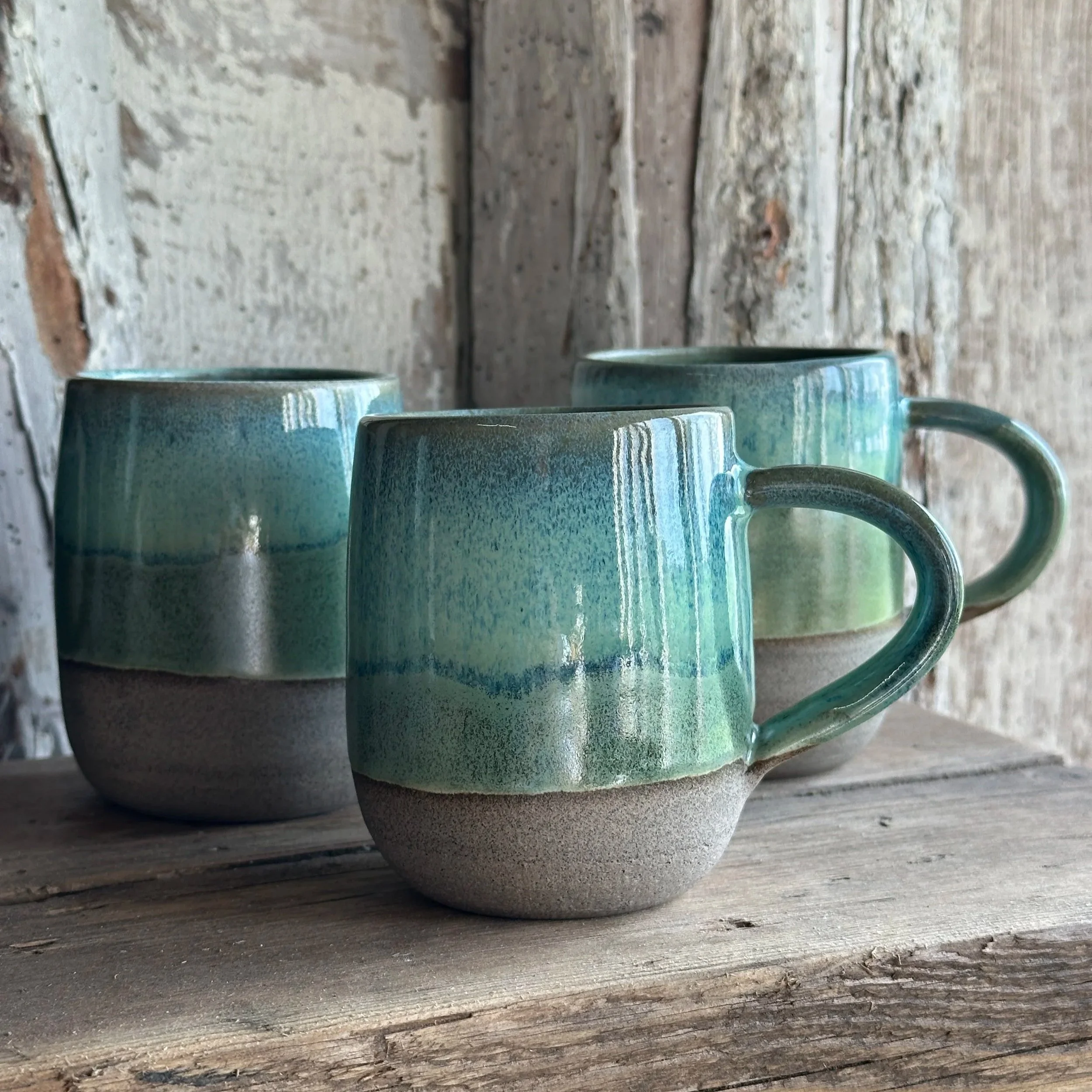 Green ceramic mug grey stoneware flowing layers of glaze  Forest Fern