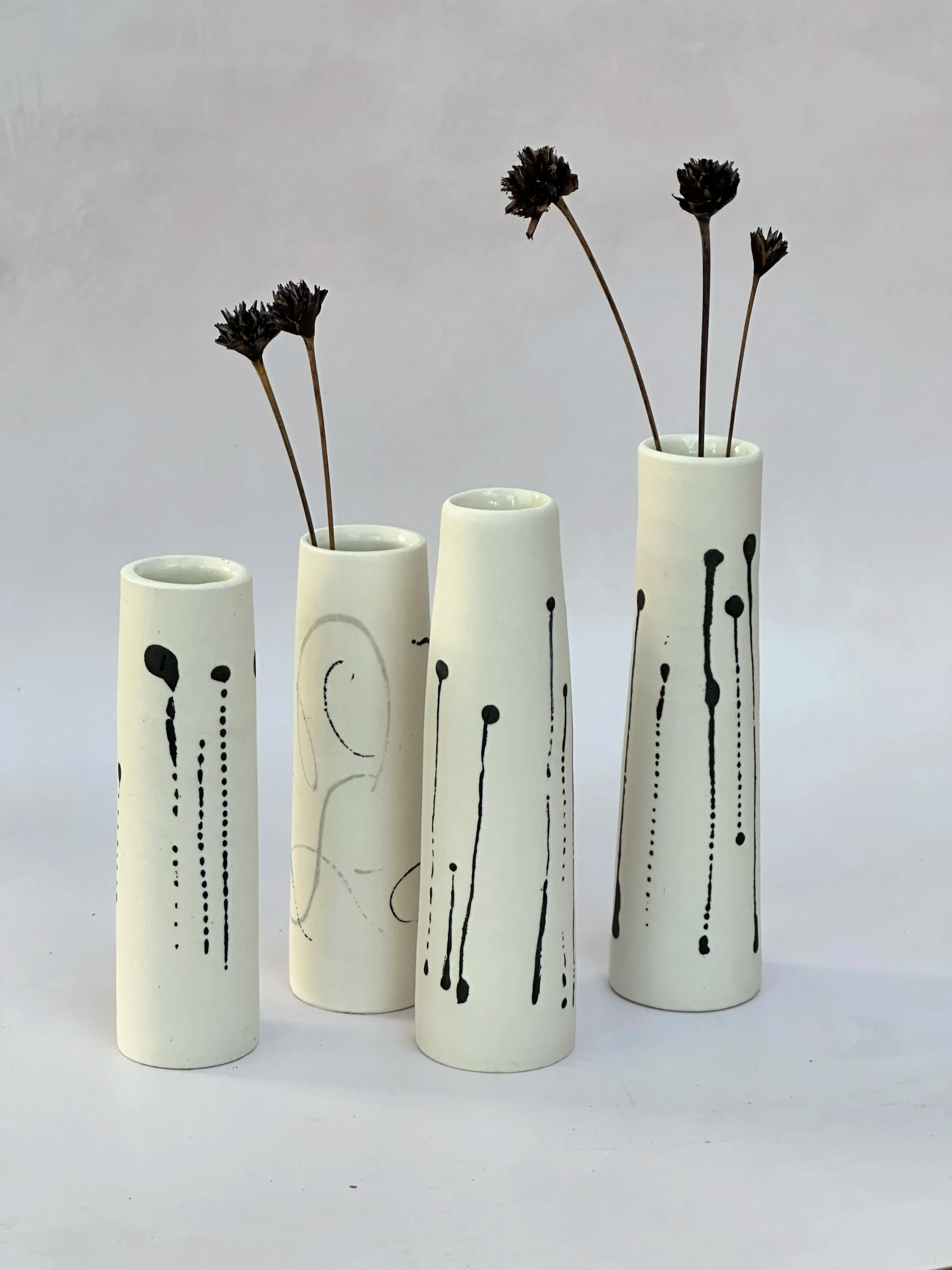 White porcelain stem vase with black decoration