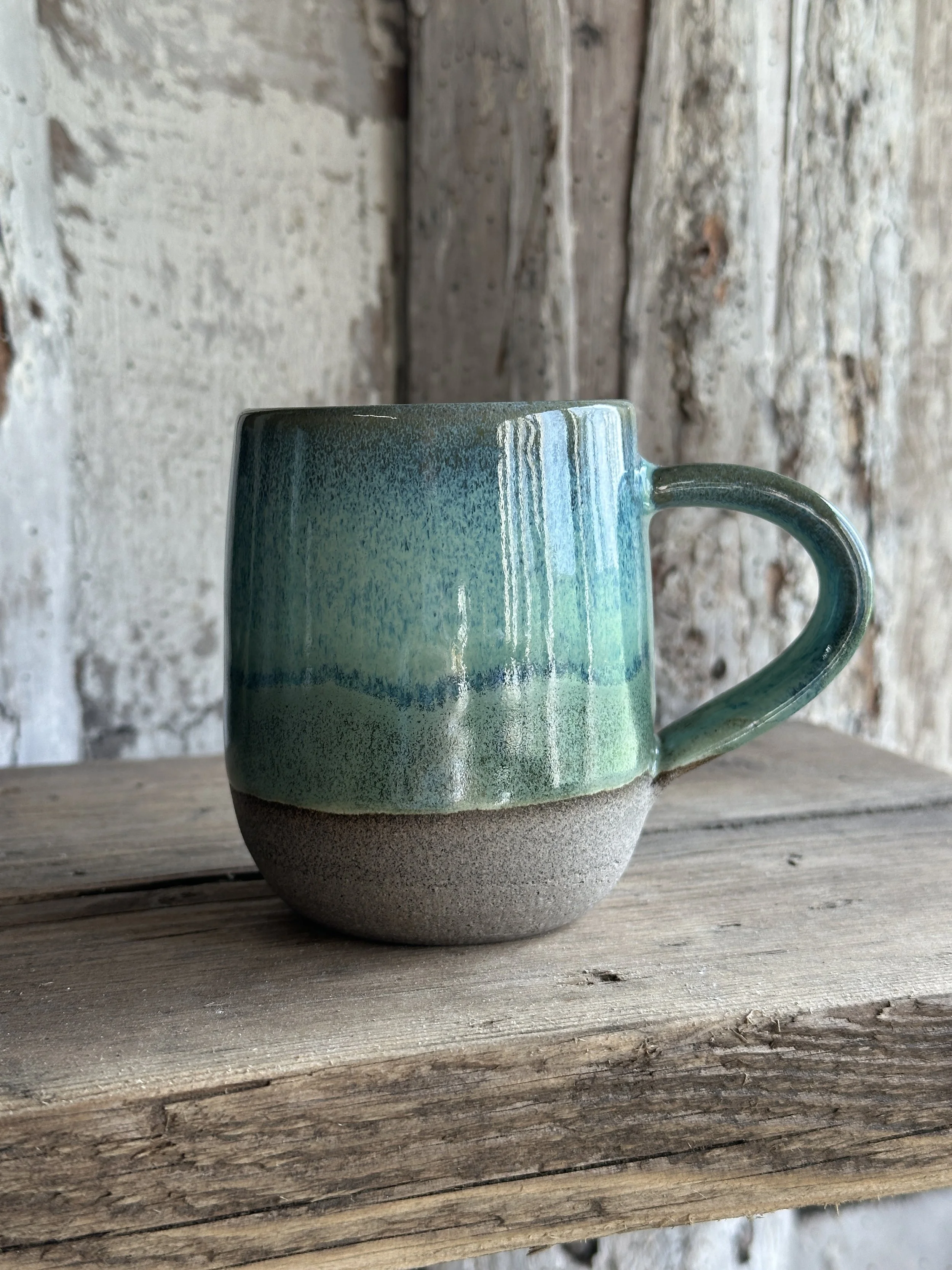 Green ceramic mug grey stoneware flowing layers of glaze  Forest Fern