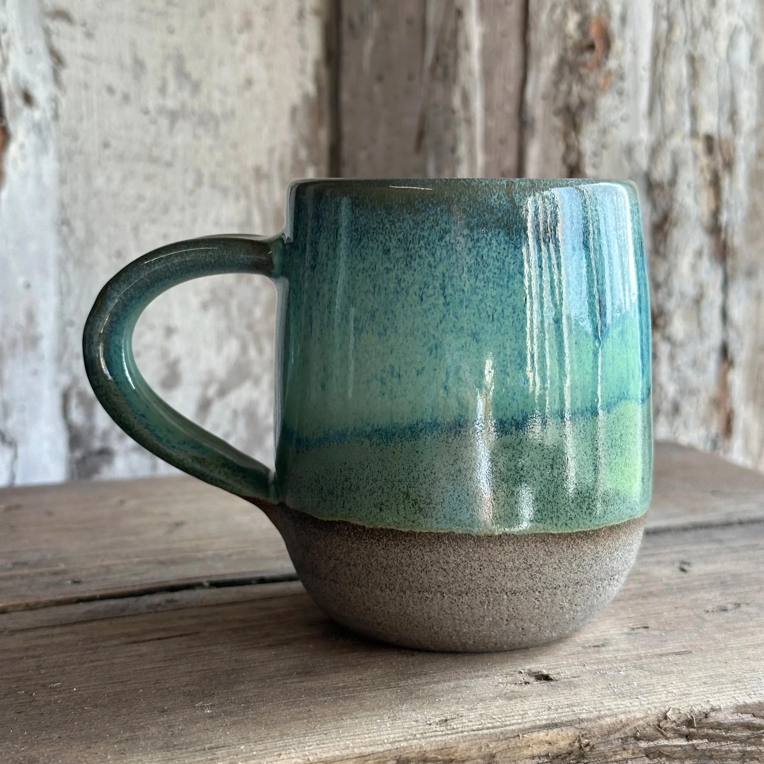 Green ceramic mug grey stoneware flowing layers of glaze  Forest Fern