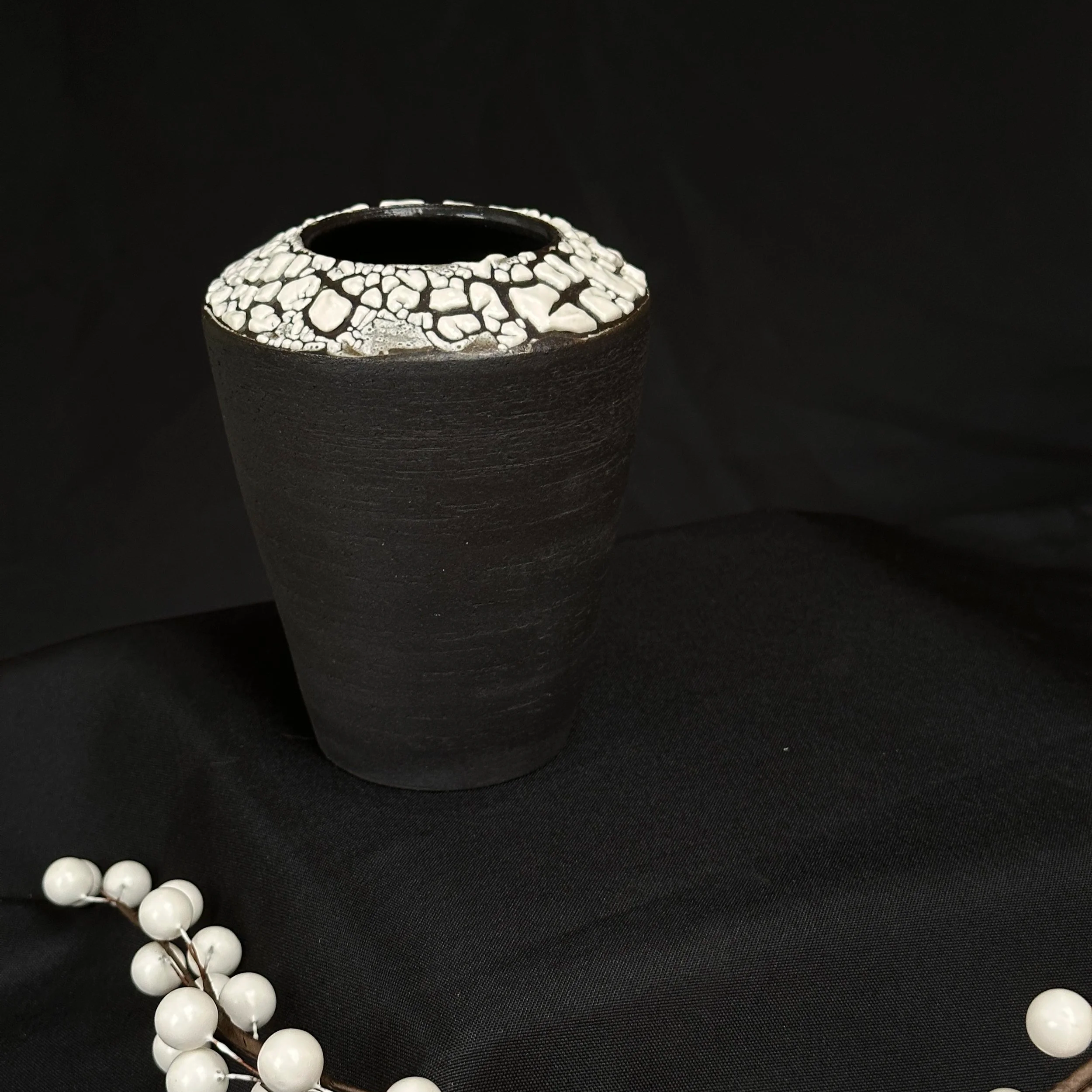 Geometric vase with white crawl glaze