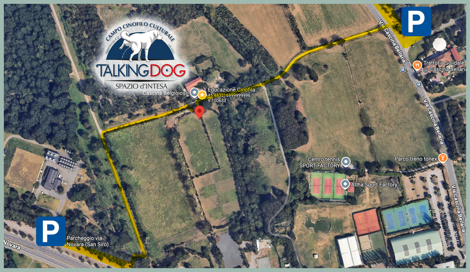 Mappa satellitare di un'area con punti di interesse tra cui un parcheggio, campi da tennis e un centro di addestramento per cani chiamato Talking Dog. La mappa mostra le strade Via Caschina Bellaria e Parcheggio via Novara.