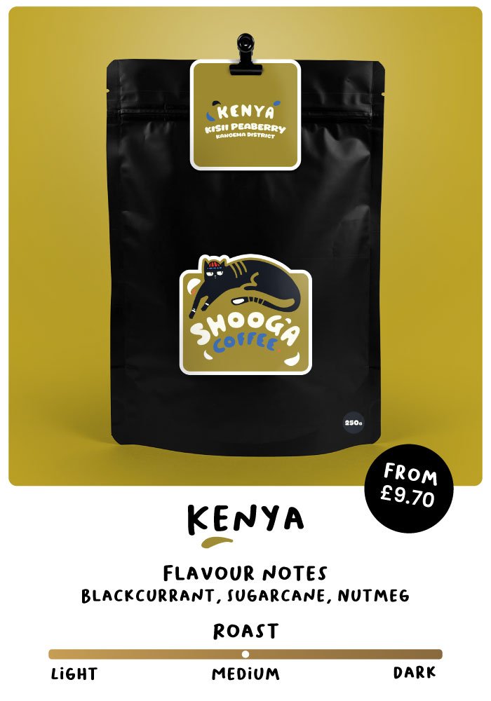 Package of Shooga Coffee with Kenya origin, featuring flavor notes of blackcurrant, sugarcane, and nutmeg, shown on a yellow background. The roast level is indicated as medium, and the price starts from £9.70. Available in 250g and 500g.