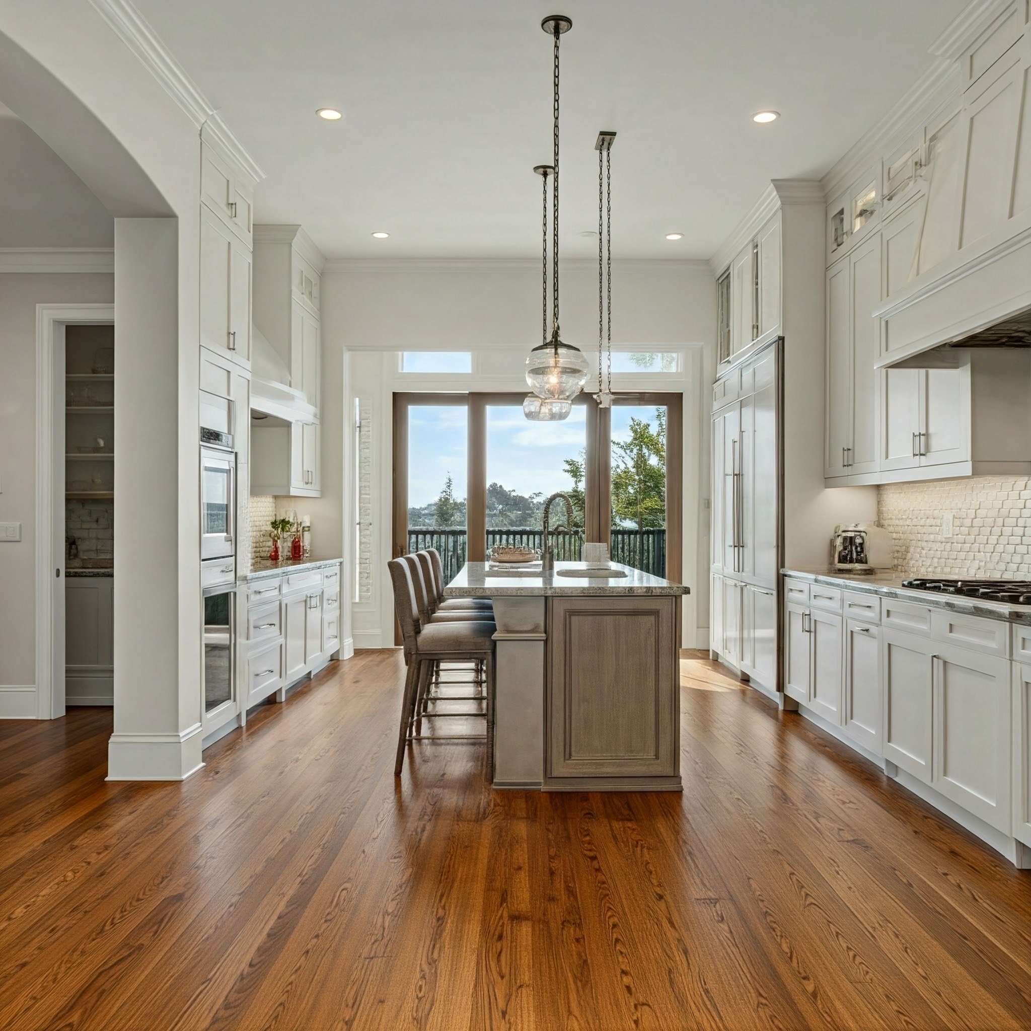 Bright kitchen with white cabinets, hardwood floors, an island with bar stools, large window, and balcony view.