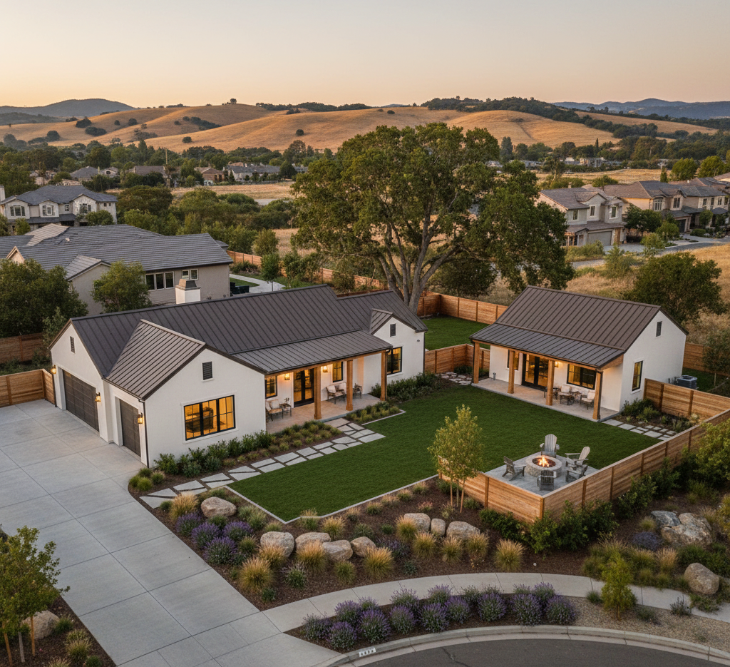 A modern backyard at dusk, featuring a fire pit with chairs, two white houses with dark metal roofs, a large tree, and landscaped garden with purple flowers and rocks, fenced with a wooden fence.