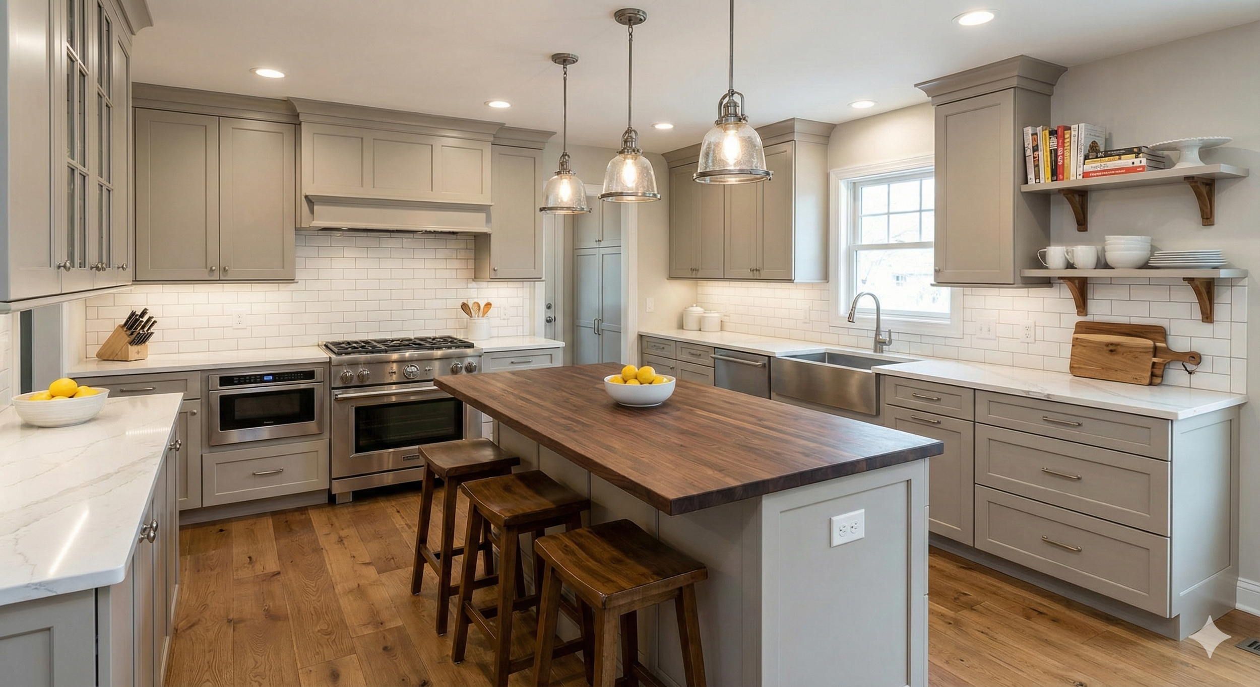 Kitchen with gray cabinets, white subway tile backsplash, stainless steel appliances, wooden island with three stools, and open shelving with dishes and cookbooks, illuminated by pendant lights and natural light from window.