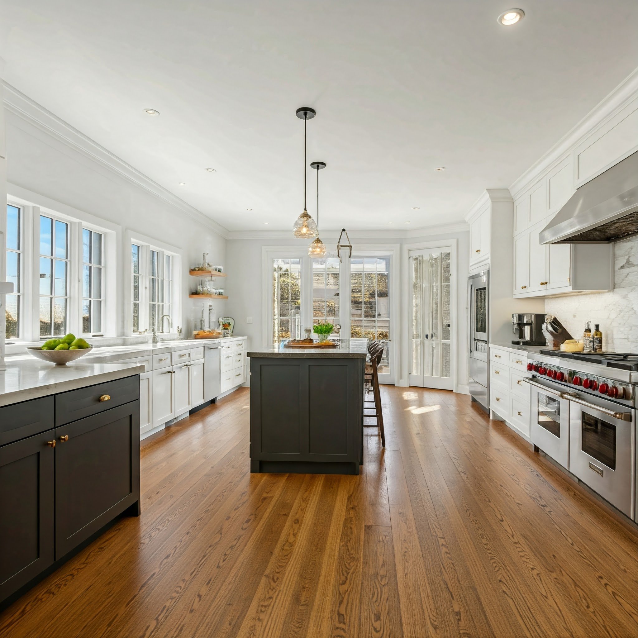 Modern kitchen with white cabinets, a central dark gray island, hardwood floors, and large windows with natural light.
