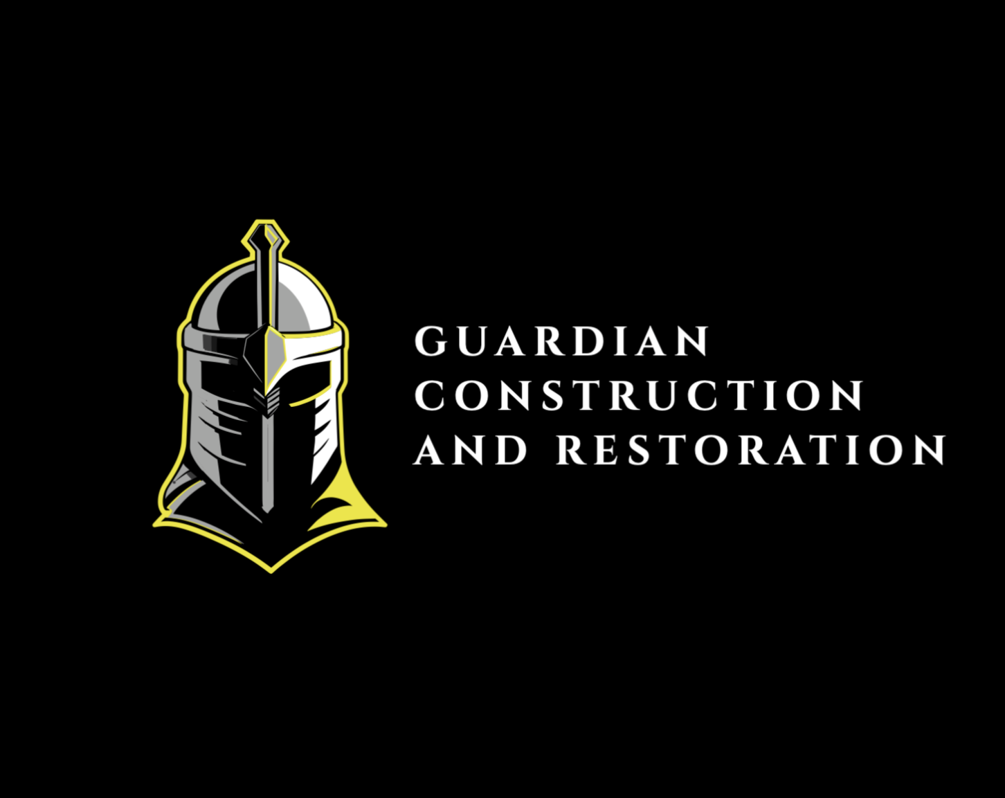 Guardian Construction and Restoration featuring a knight's helmet and company name in white text on a black background.