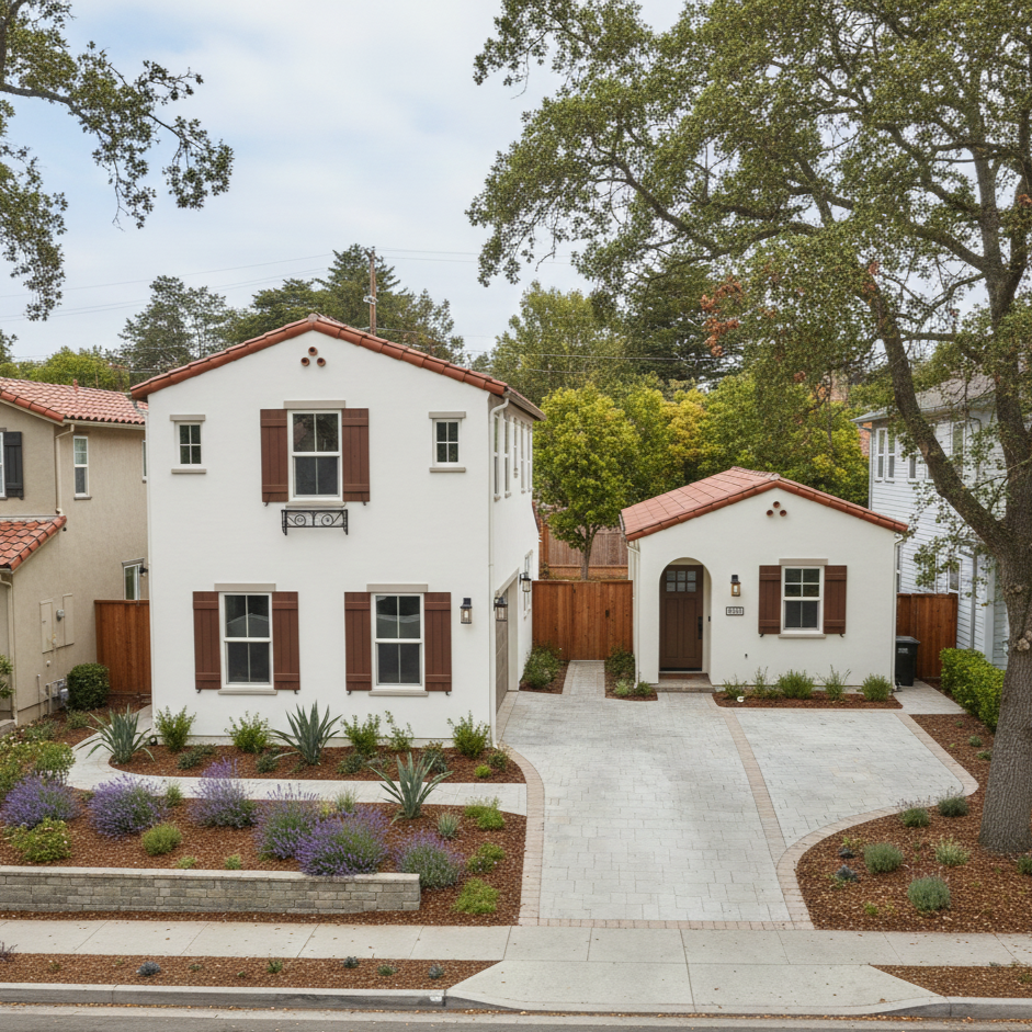 A white two-story house with brown shutters and a smaller white house with brown shutters beside it, both with red-tile roofs, surrounded by a landscaped yard with plants and a paved driveway.