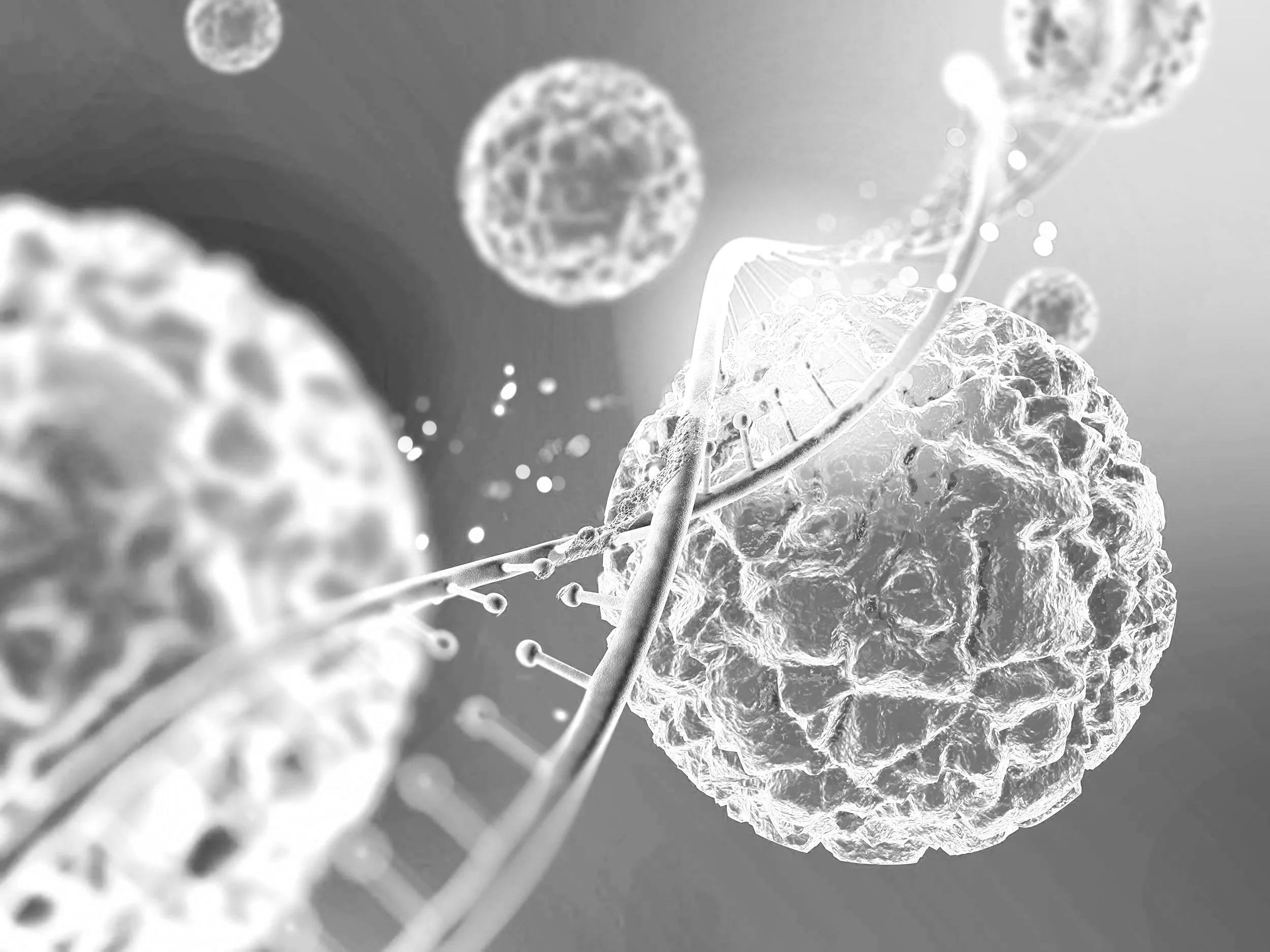 A digital illustration showing bacteria cells and strands of DNA.