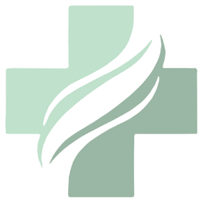 A medical cross symbol with a stylized leaf or wave design in the center, representing healthcare or pharmacy.