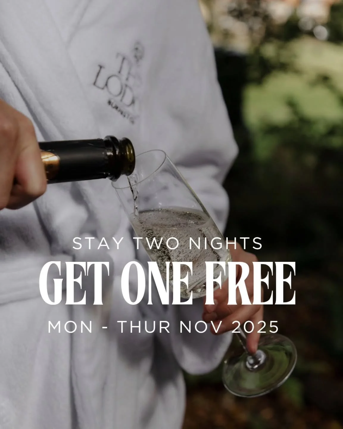 You know what&rsquo;s better than two nights away? 👀 Three nights away.

This November, stay 3 nights midweek (Mon&ndash;Thurs) and pay for only 2. The perfect excuse to linger a little longer.

Watch the leaves fall.
Listen to the birds. 
Forget wh