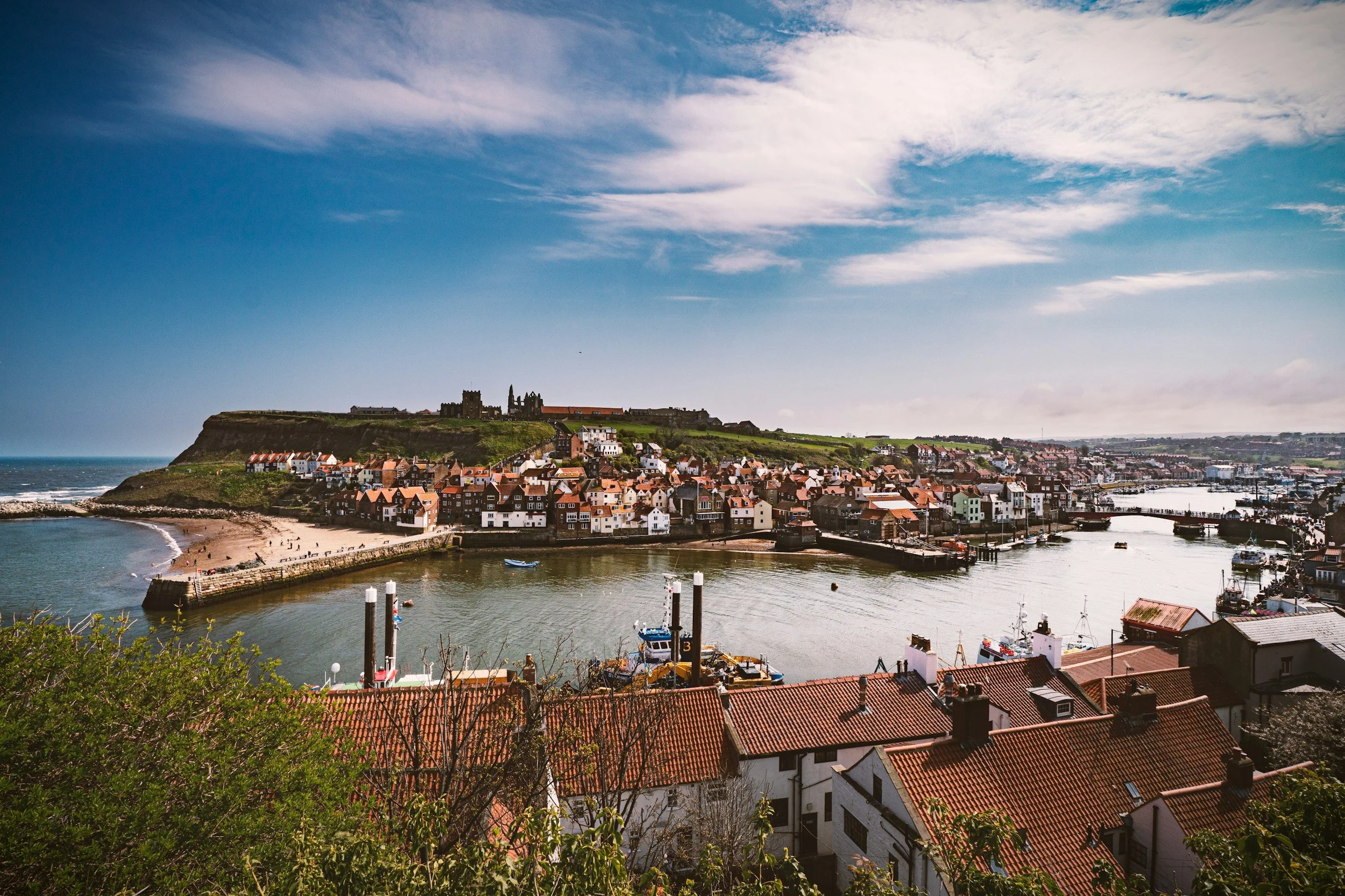 Whitby harbour and Whitby Abbey on the North Yorkshire coast