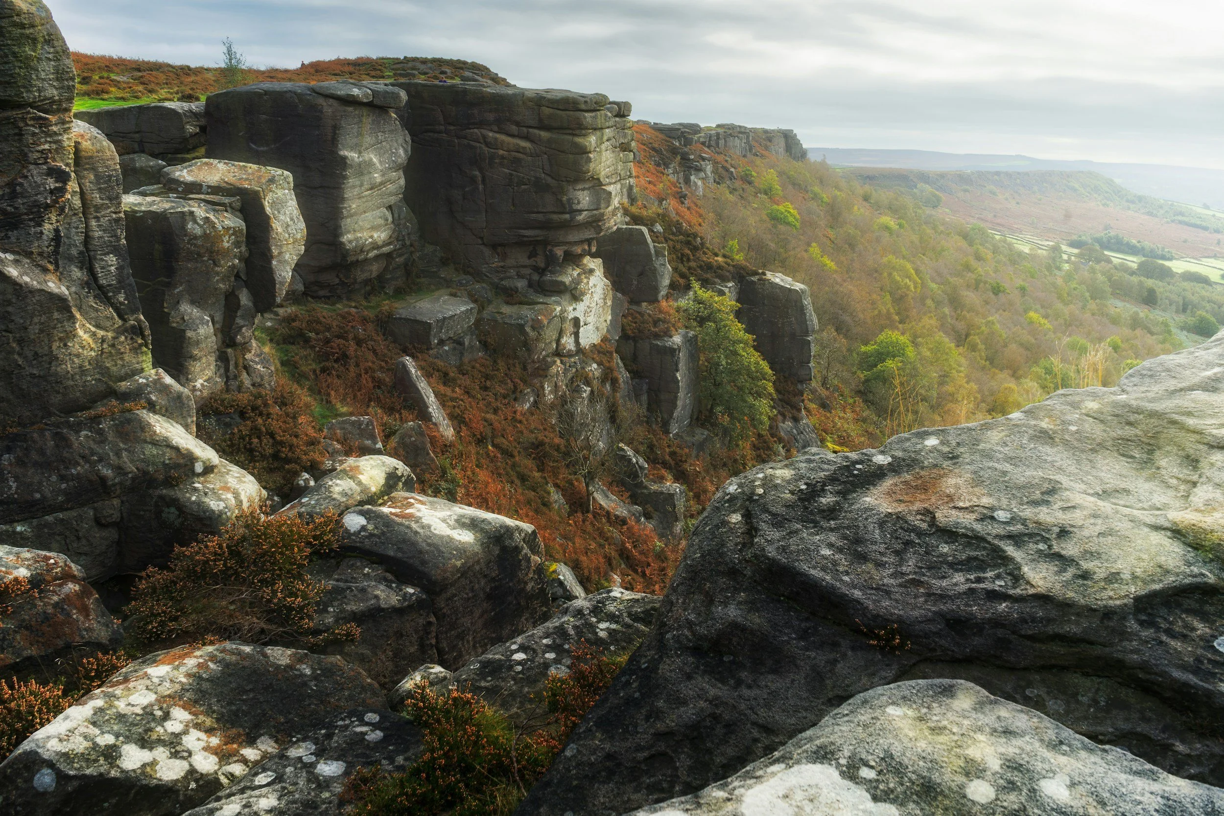 Sandstone rock formations at the Bridestones in Dalby Forest, North York Moors.
