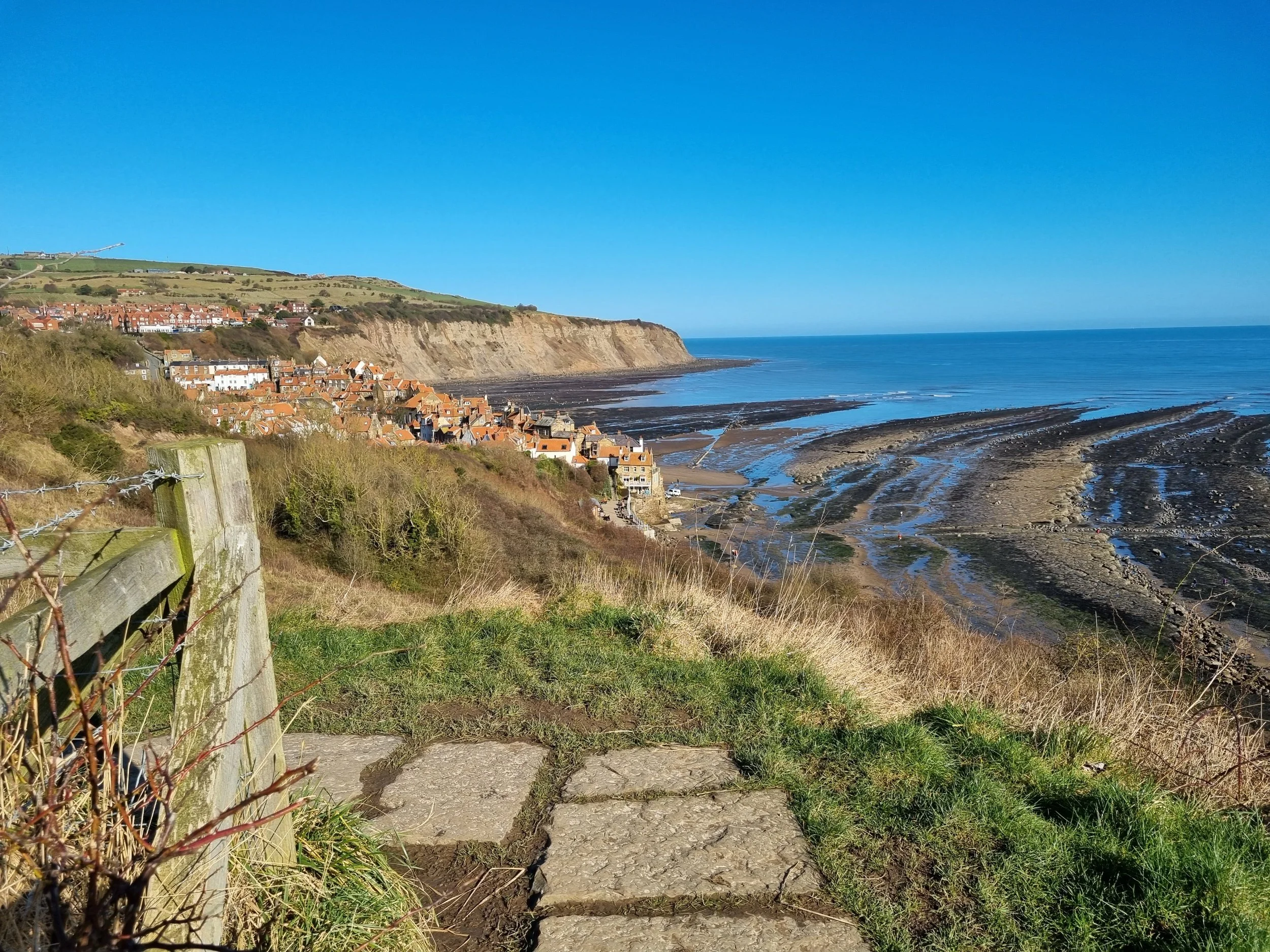 View over Robin Hood’s Bay village, beach and Yorkshire coastline.