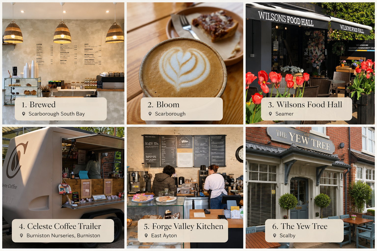 Six of our favourite cafés near The Lodge Burniston, including Brewed and Bloom in Scarborough, Wilsons Food Hall in Seamer, Celeste Coffee Trailer in Burniston, Forge Valley Kitchen in East Ayton and The Yew Tree in Scalby.