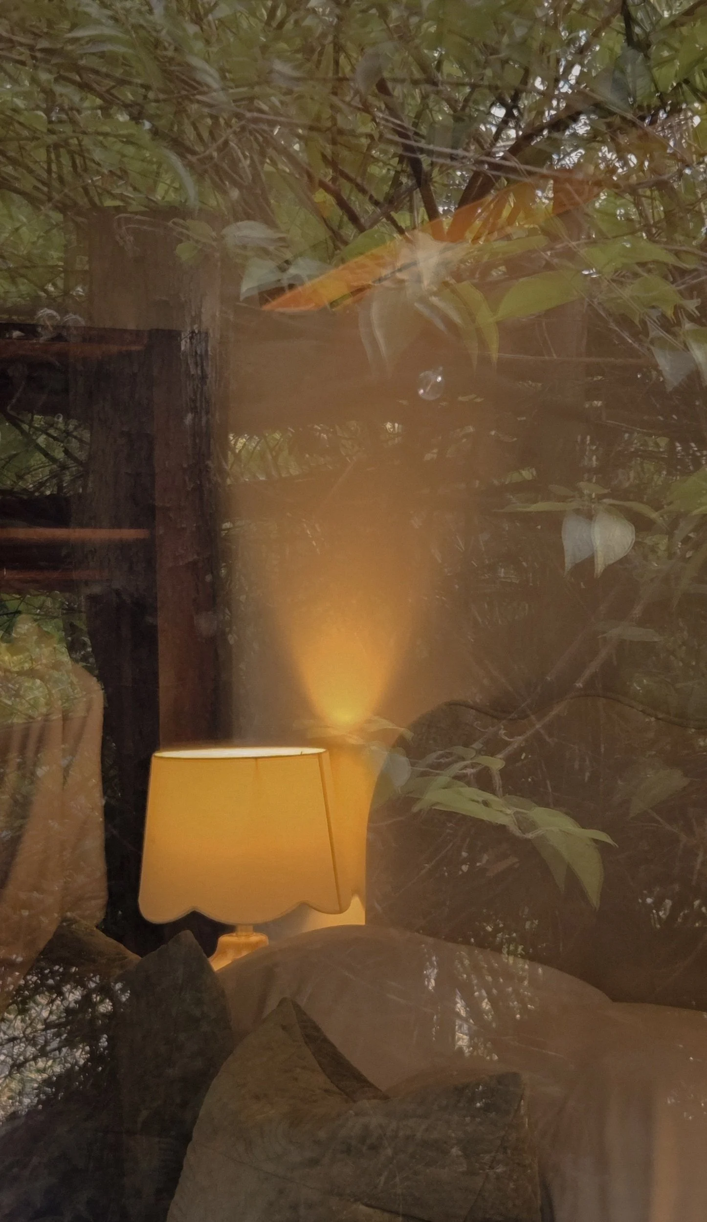 Looking in through a window into a bedroom with a lamp on. Reflections of trees are also visible in the window.