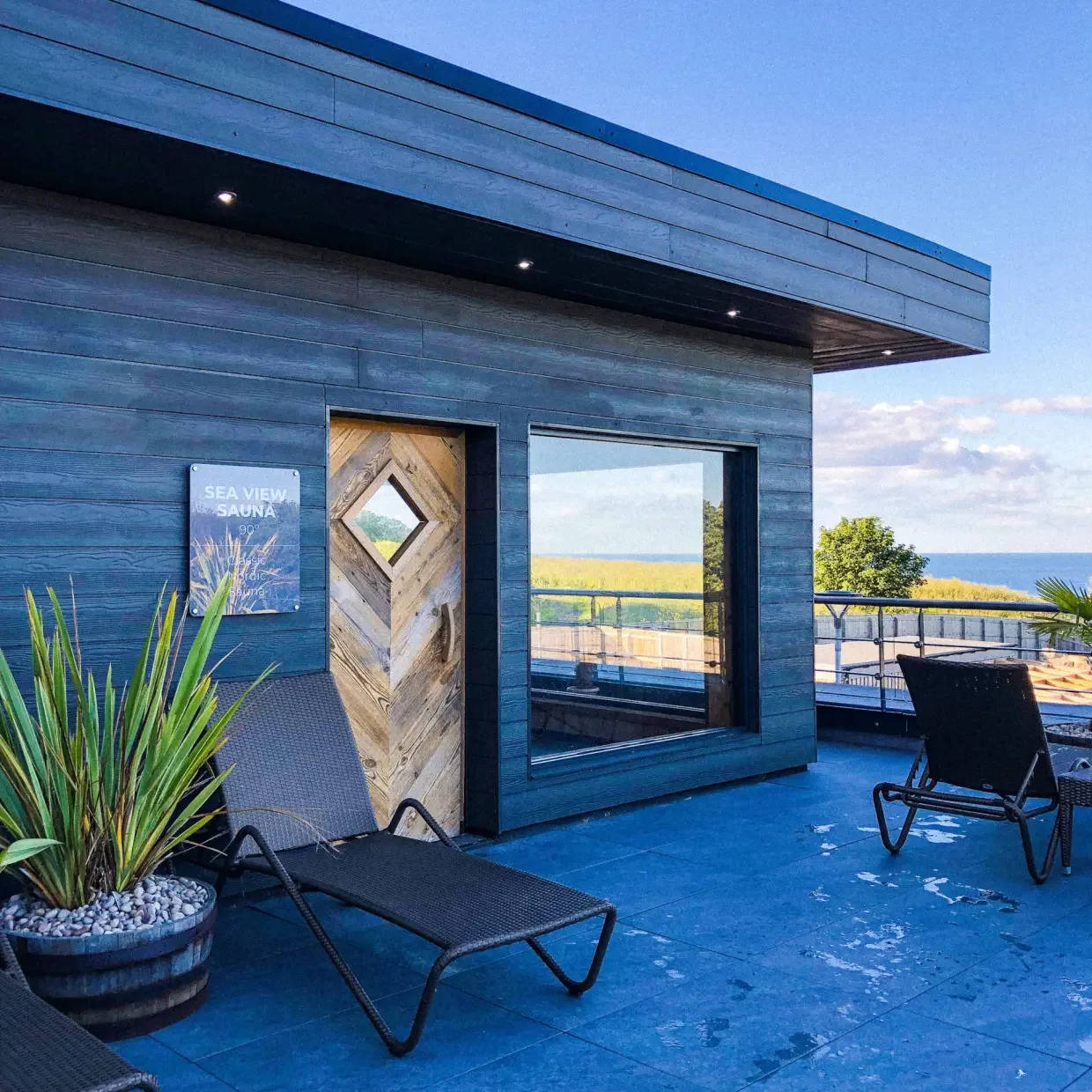 Sea View Sauna at Alpamare Wellness Spa in Scarborough, overlooking the Yorkshire Coast.