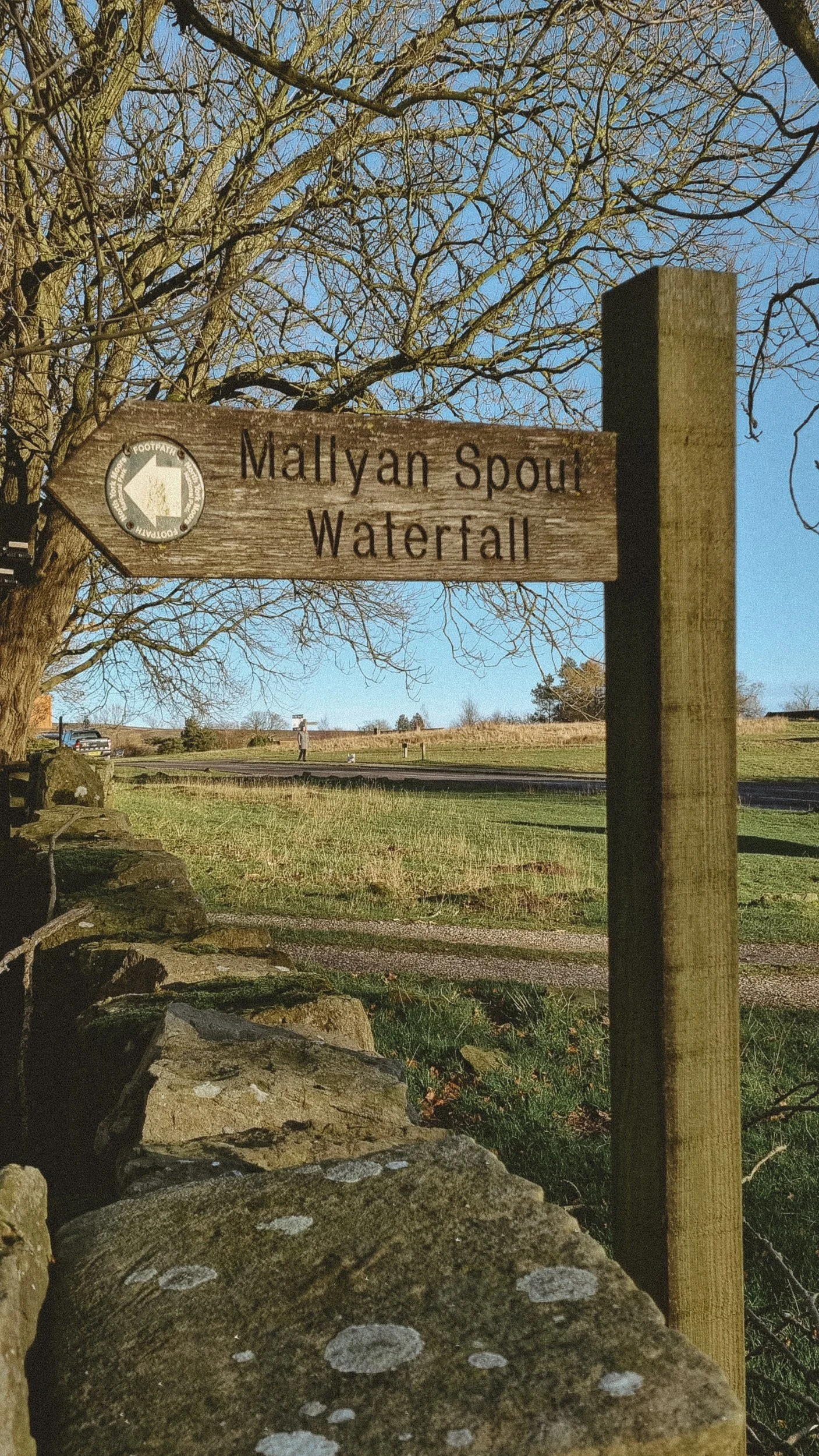 Wooden footpath sign pointing to Mallyan Spout Waterfall near Goathland in the North York Moors.