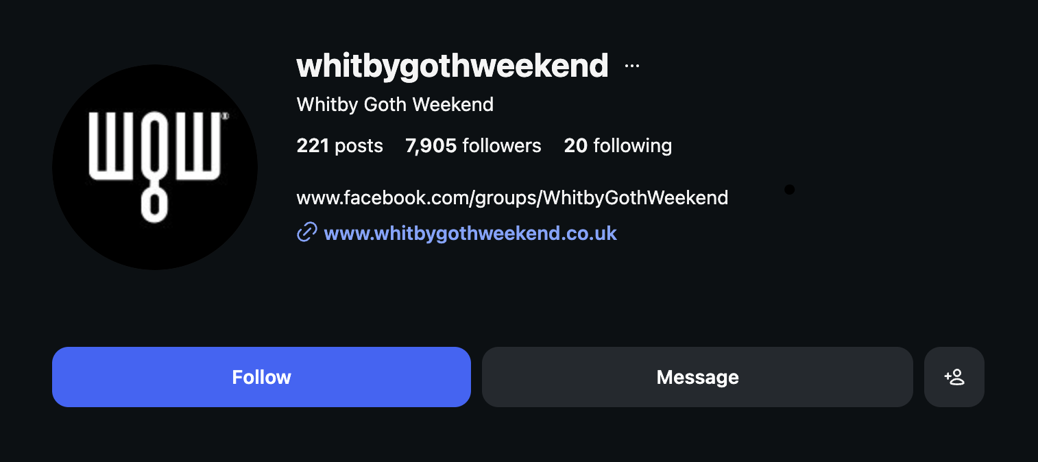 Official Whitby Goth Weekend Instagram page with goth outfits, festival photos and Whitby North Yorkshire event content