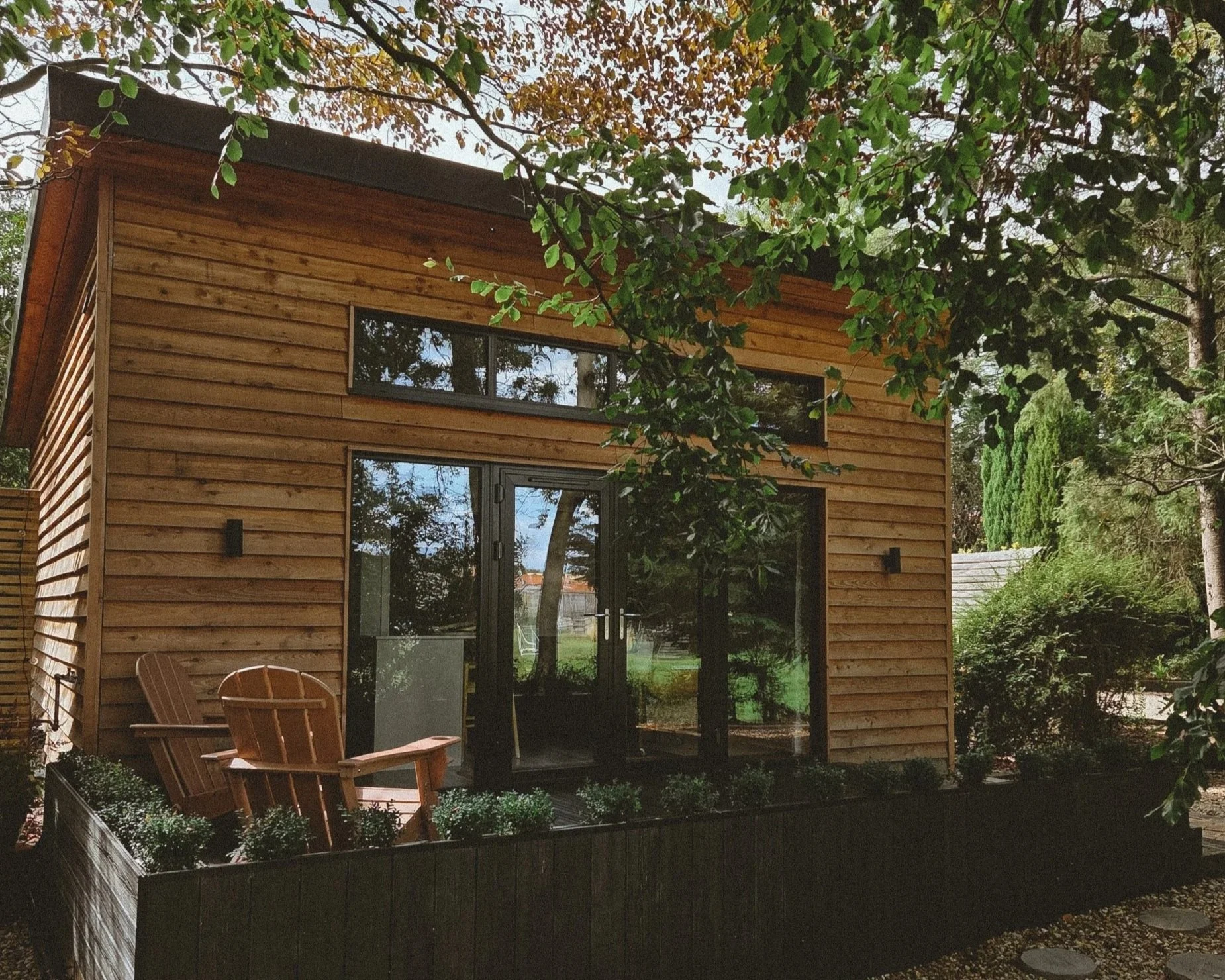 Exterior of The Lodge Burniston, a cabin near Scarborough Open Air Theatre.