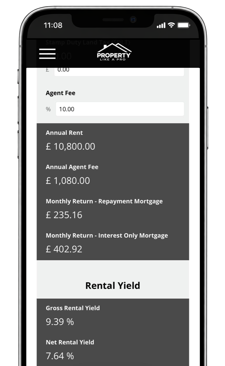 UK investment property calculator to estimate stamp duty, deposit, mortgage payments, rental yield, total funds required and expected monthly buy-to-let returns.