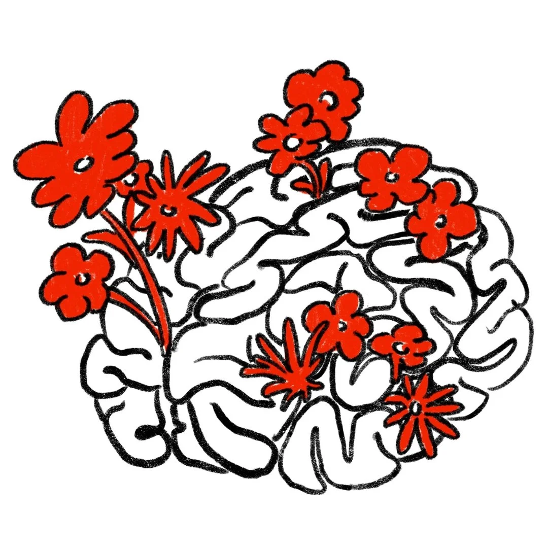 Skizze eines Gehirns, das mit roten Blumen und Blättern dekoriert ist.