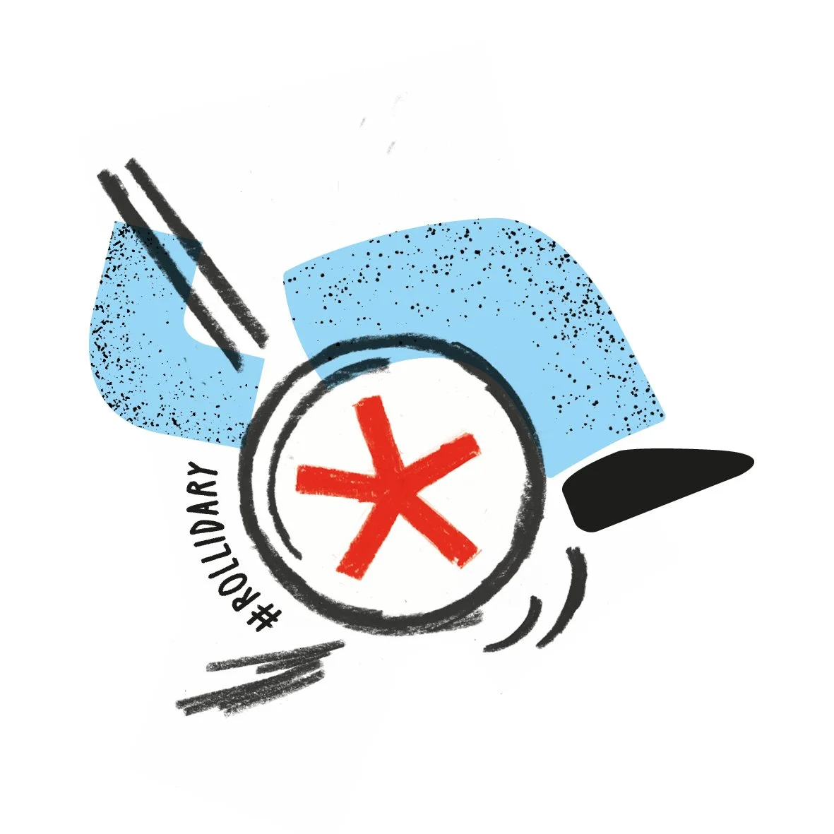 Illustration einer dynamischen Person im Rollstuhl mit dem Schriftzug #Rollidary