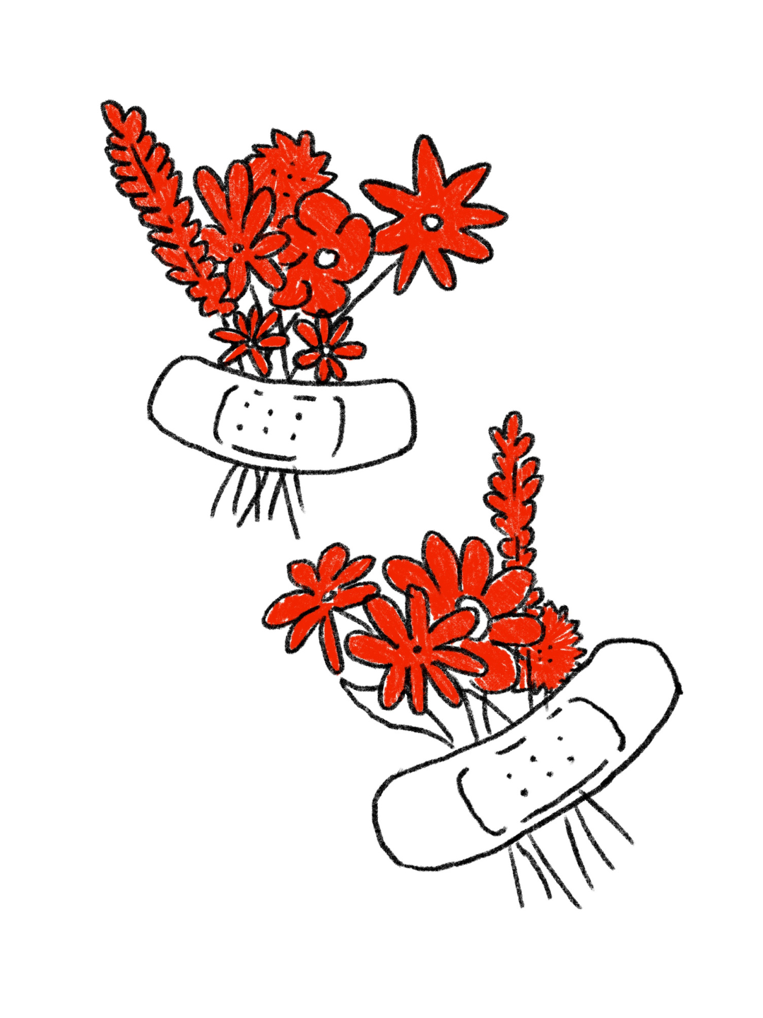 Skizze von zwei Blumensträußen in Vasen, mit roten Blüten und Blättern, stilisiert und einfach gezeichnet.
