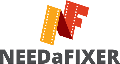 Need a Fixer logo with stylized filmstrips forming the letter 'N' and the word 'NEEDaFIXER' underneath.