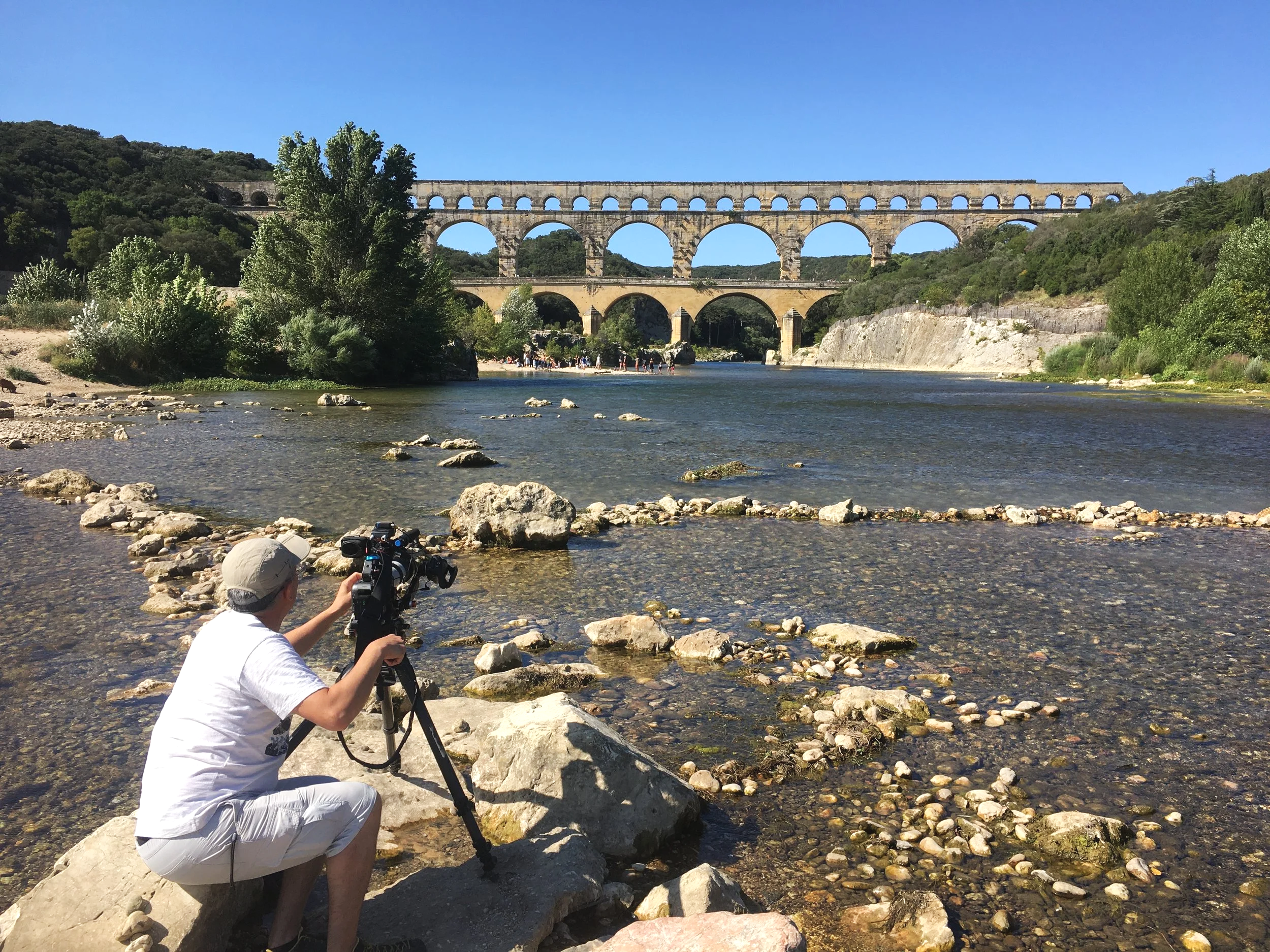 Filming crew at the Pont du Gard Roman Aqueduct in Southern France
