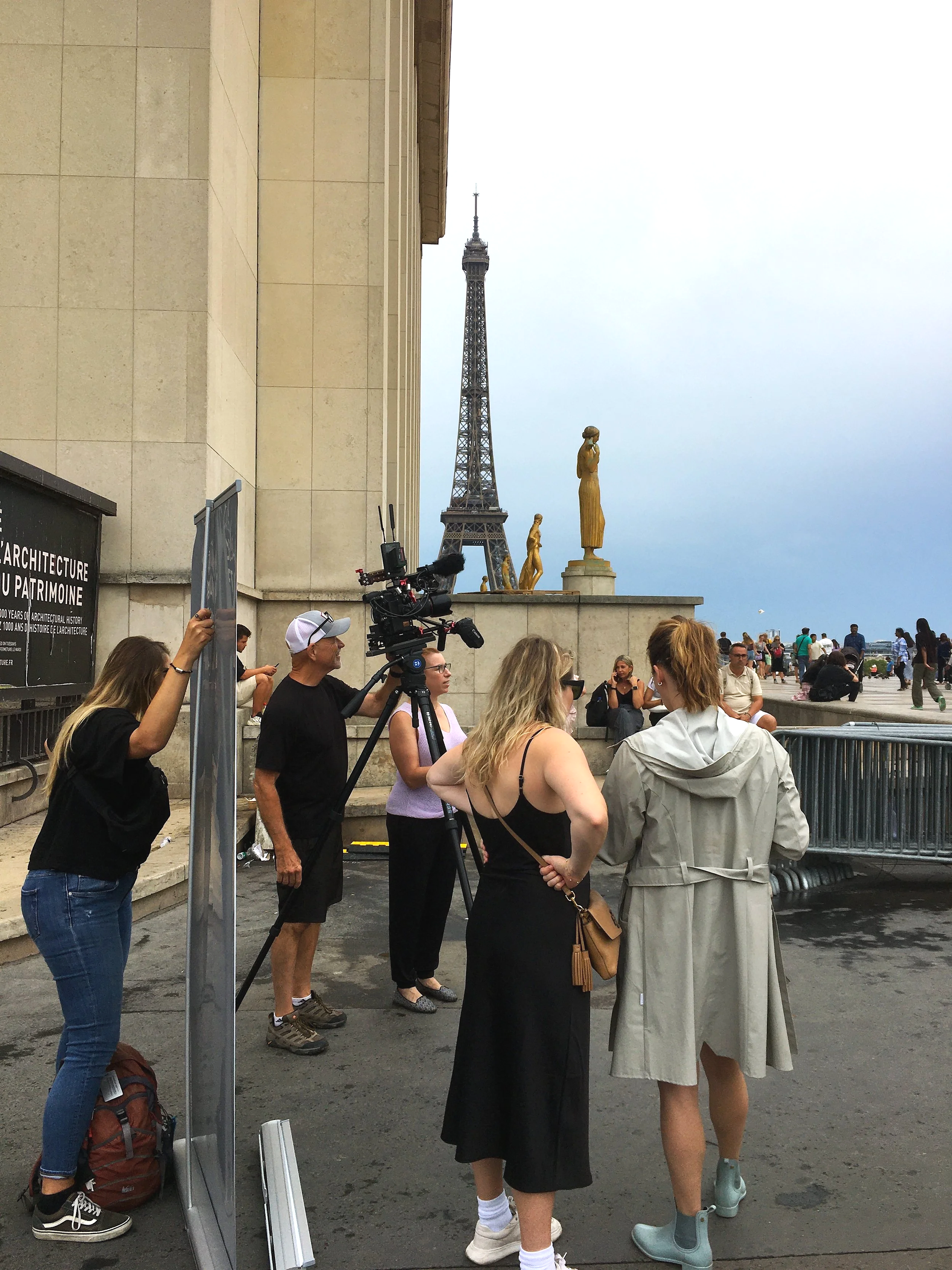 Filming crew in front of the Eiffel Tower at the Esplanade du Trocadéro in Paris, France