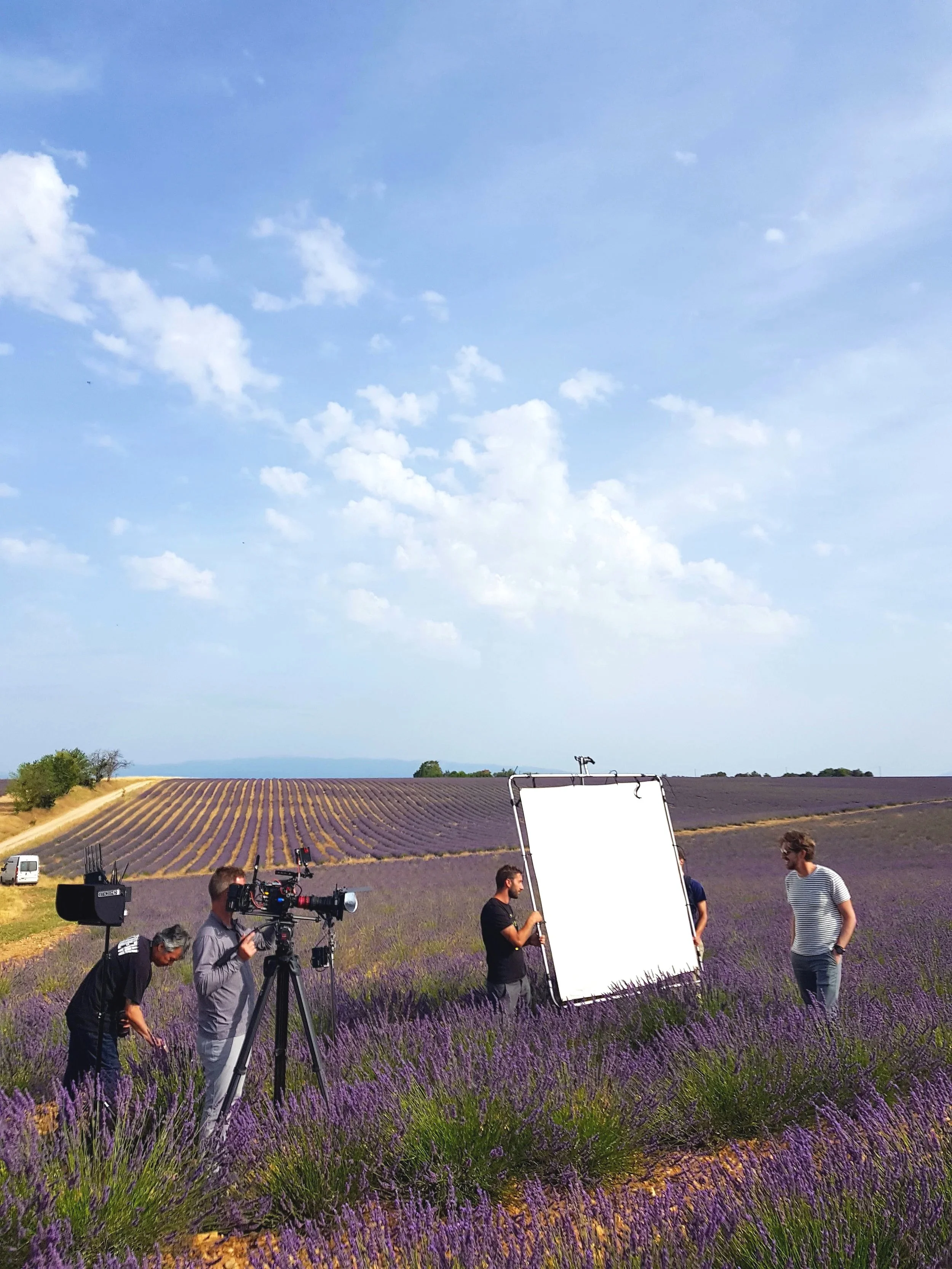 A filming crew in a lavender field on the Valensole Plateau in the South of France