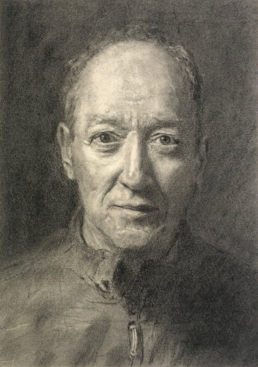 A realistic black and white portrait of an elderly man with short hair, wearing a zip-up jacket, looking directly at the camera.