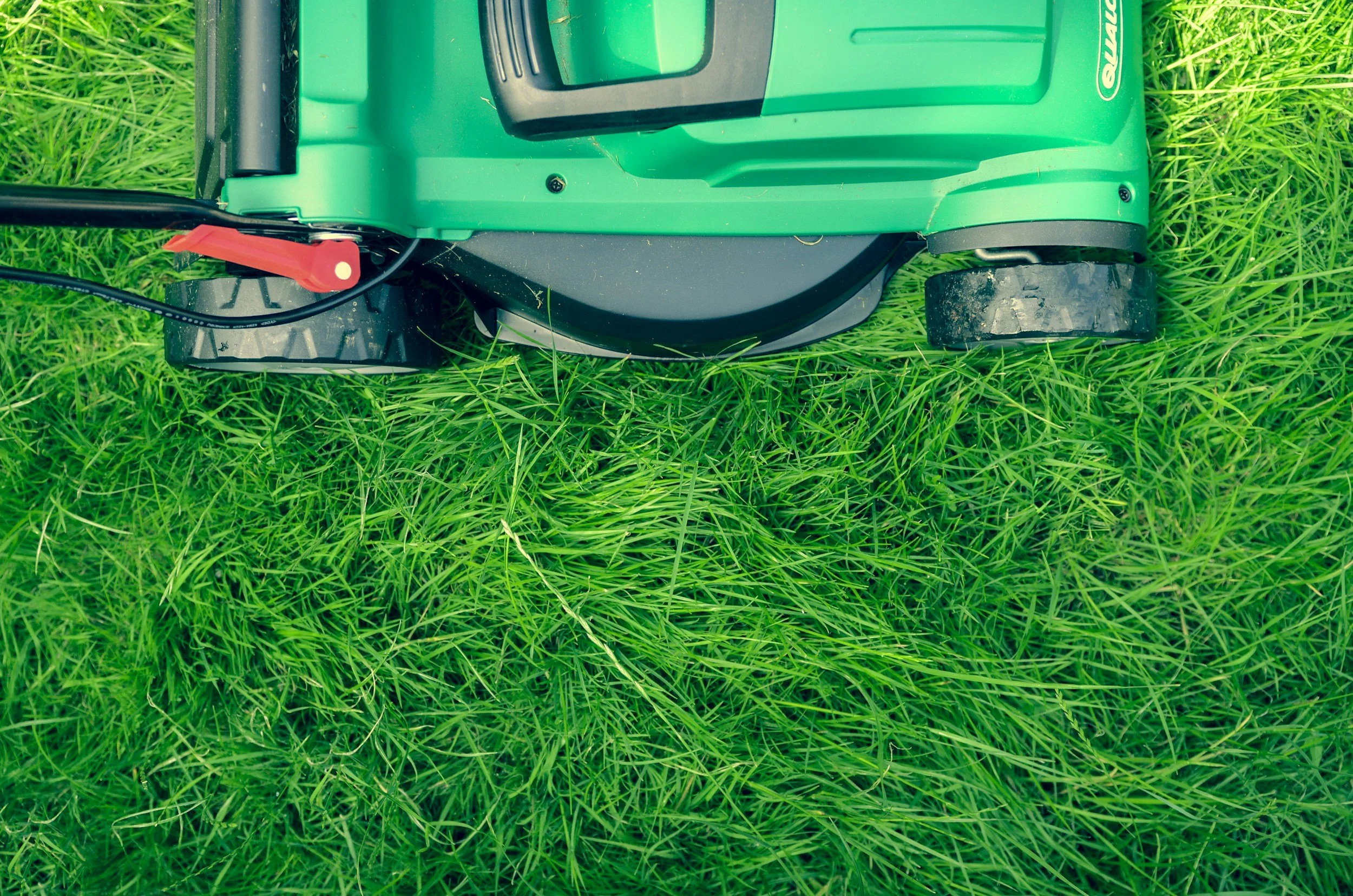 Lawn mower on green grass in a backyard garden.