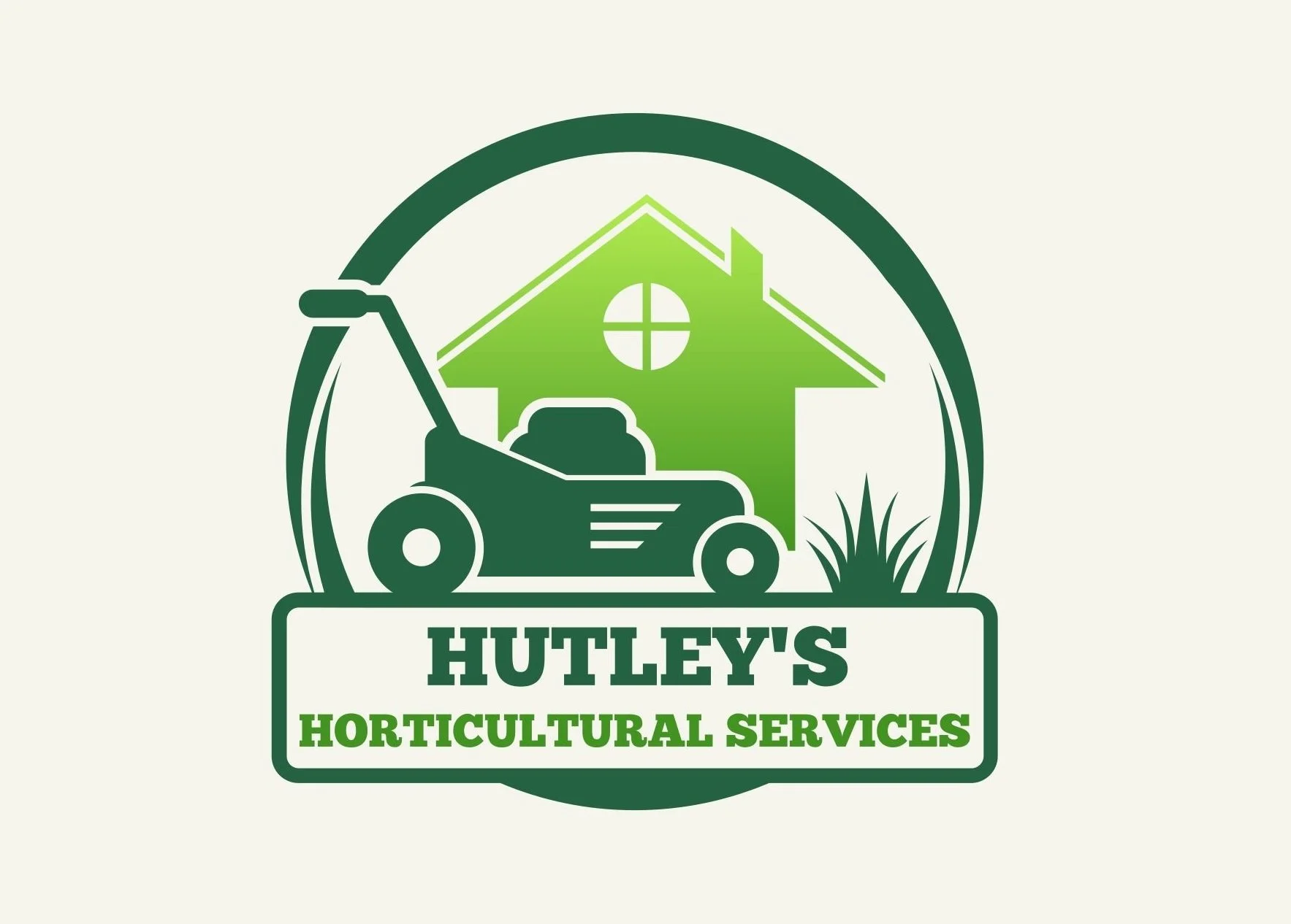 Logo for Hutley's Horticultural Services, featuring a lawn mower in front of a house with a circular window, plants, and the company name in green text.