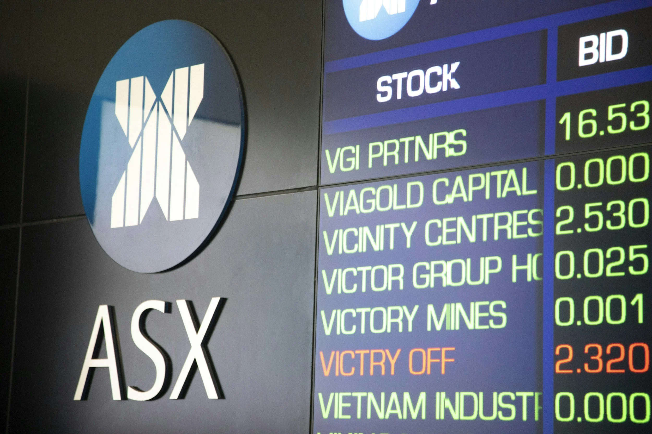 Stock market board displaying company names, stock prices, and percentage changes at ASX.