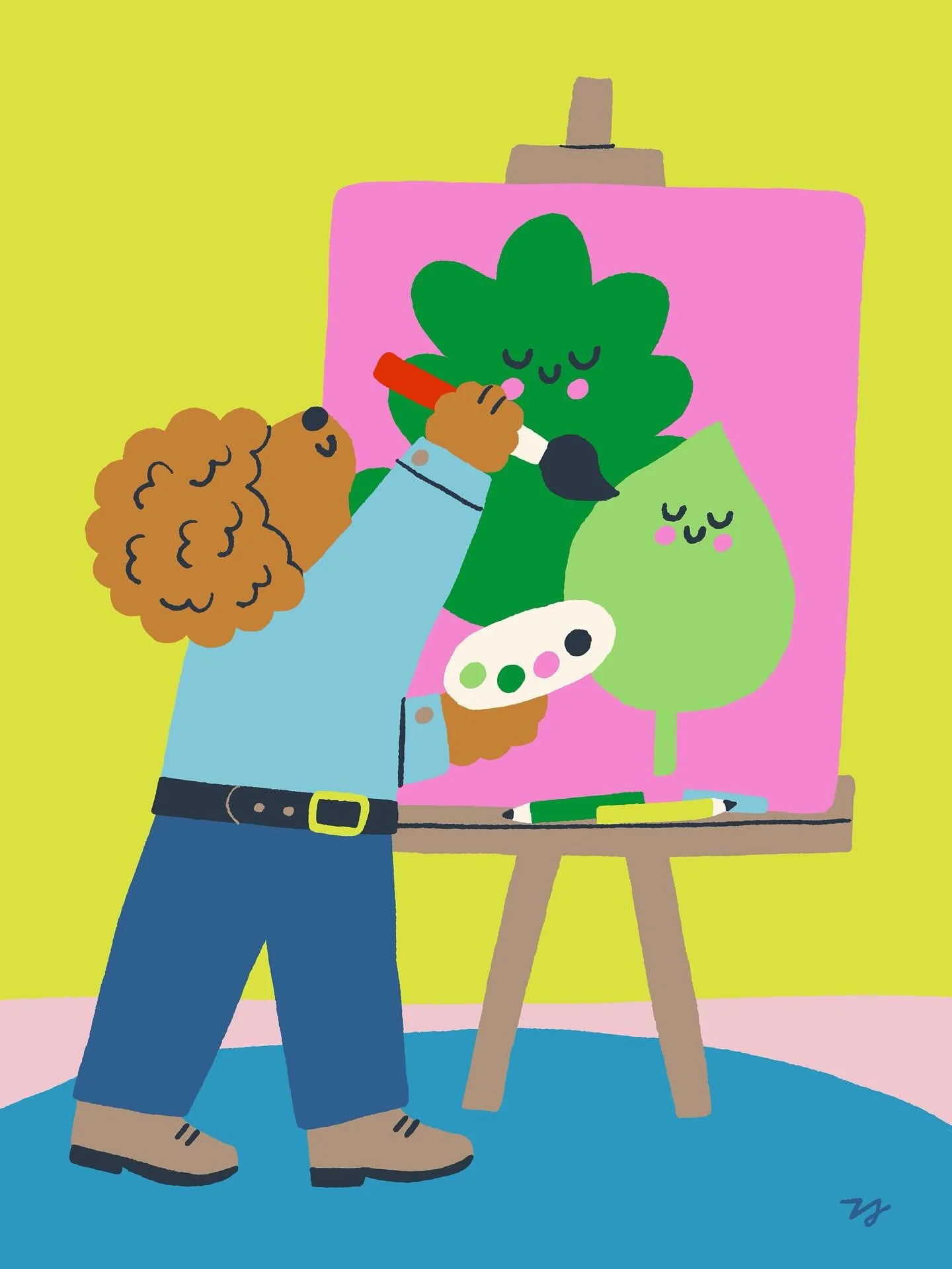 Meet Dog Ross, he is painting happy little leaves 🎨👨&zwj;🎨 Because every leaf needs a friend! 💚🌿🌿
#peachtober day 8 : leaf🍃

#peachtober25 #cutestyle #illustration #funstyle #artistlife #kidslitart #pet #dogillustration #bobross