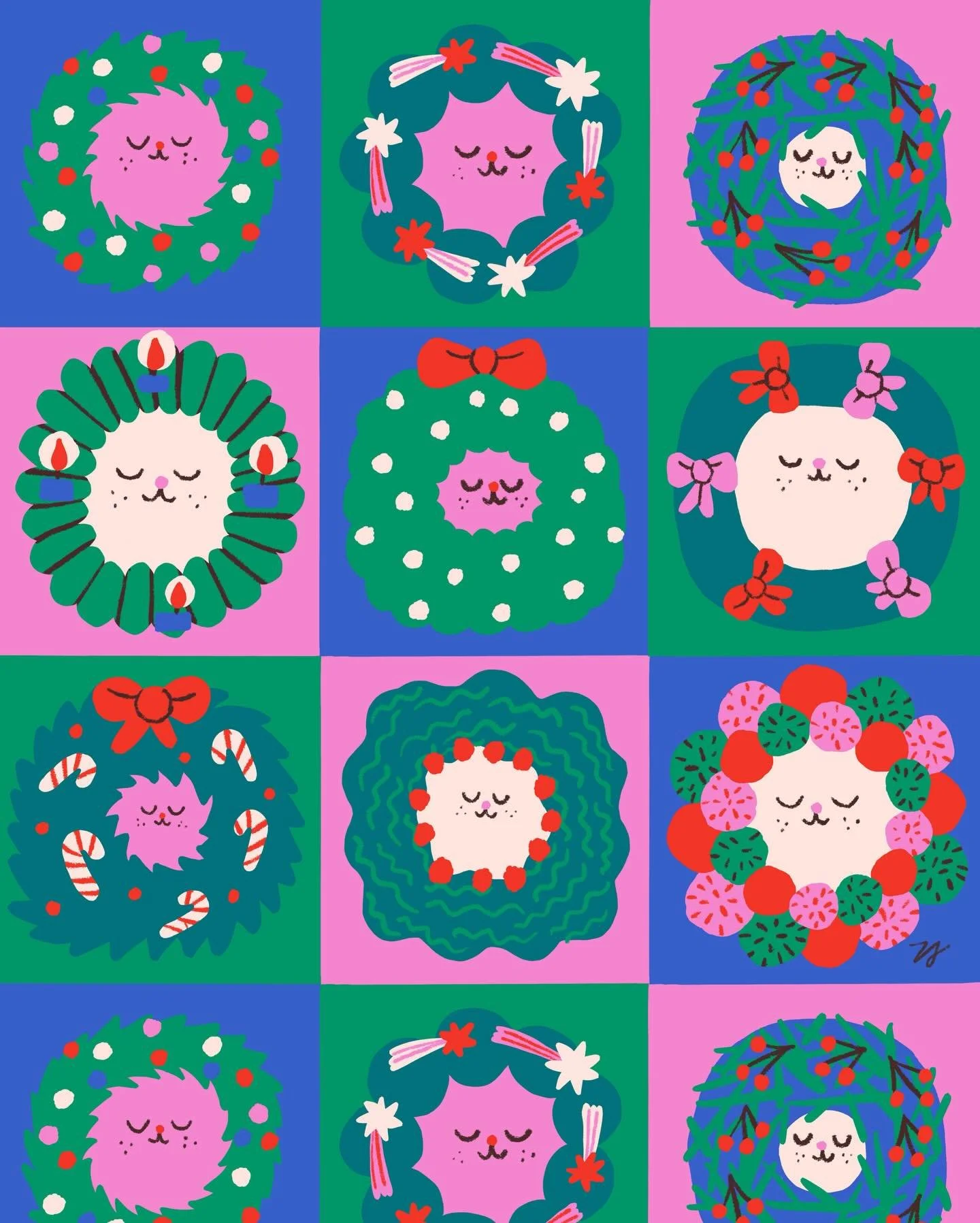 Yaaay our Cozy Advent Challenge has started! ✨✨✨✨ Day 1 : Christmas Wraeth &amp; Pine Cone

I had no idea what to draw for this prompt and then I added these cat faces in the middle of these Christmas wreaths which made me chukle while I draw them😸I