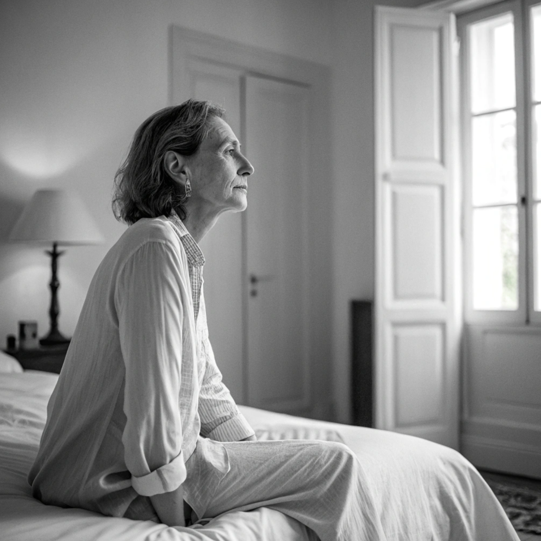 Eine ältere Frau sitzt nachdenklich auf einem Bett in einem hellen Raum mit weißen Wänden, einem offenen Fenster und einer Nachttischlampe.