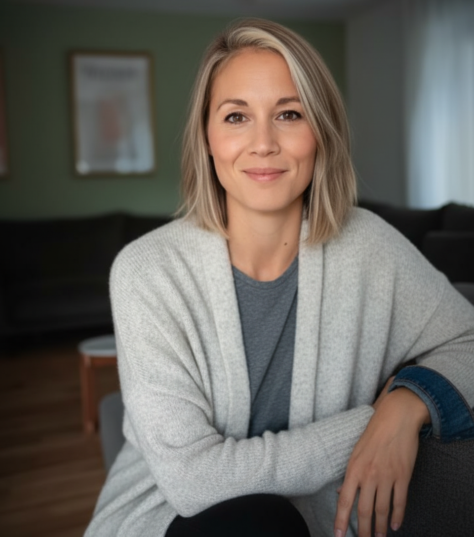 Eine lächelnde Frau mit blonden, schulterlangen Haaren sitzt auf einem Stuhl in einem Wohnzimmer.