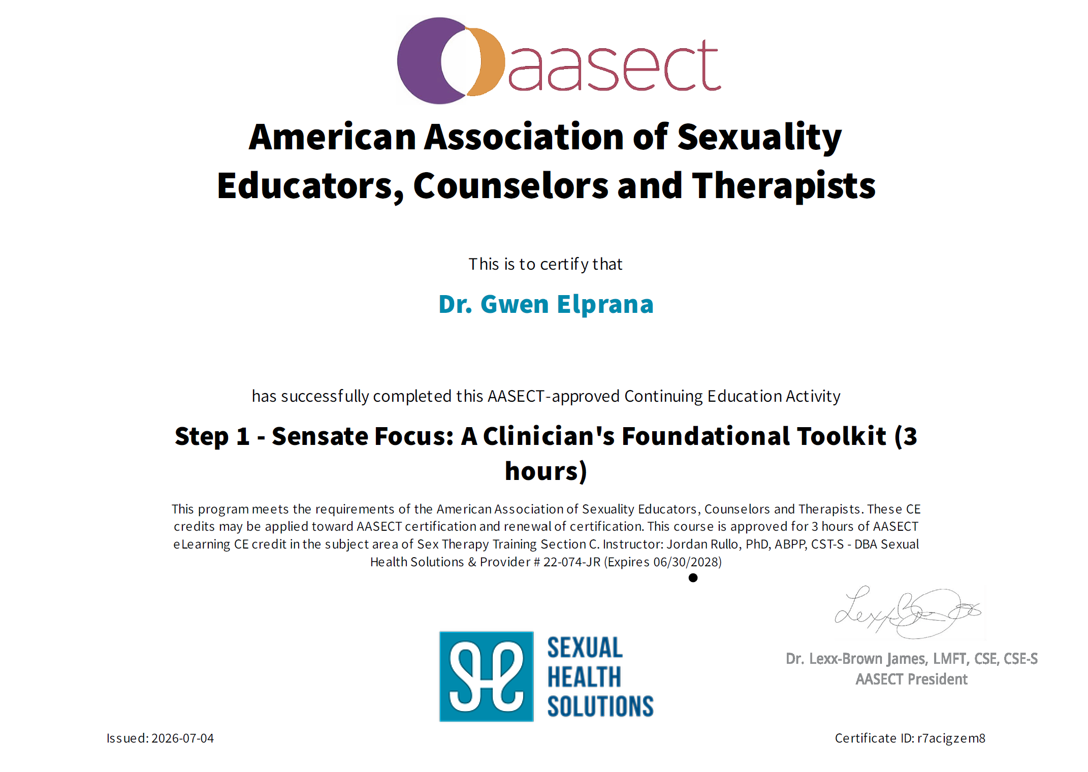 Zertifikat der American Association of Sexuality Educators, Counselors and Therapists für Dr. Gwen Elprana, ausgestellt am 04.07.2026, für die erfolgreiche Teilnahme an einer Weiterbildungsaktivität im Bereich Sexualtherapie, zertifiziert von Jordan 