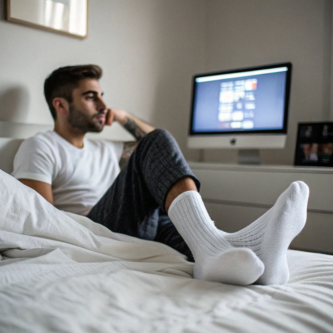 Ein junger in legerer Kleidung und Socken sitzt nachdenklich auf dem Bett.